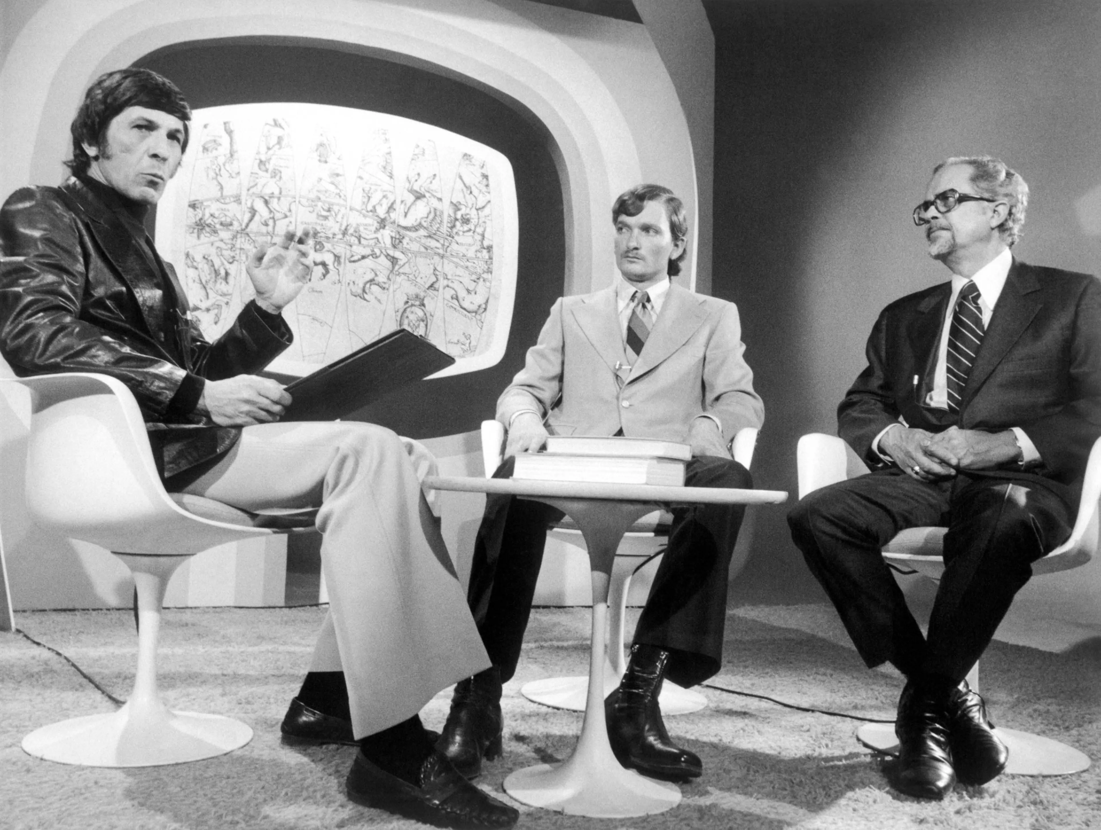 THE UNEXPLAINED, (from left): host Leonard Nimoy, Travis Walter (who claims to have spent 5 days abo