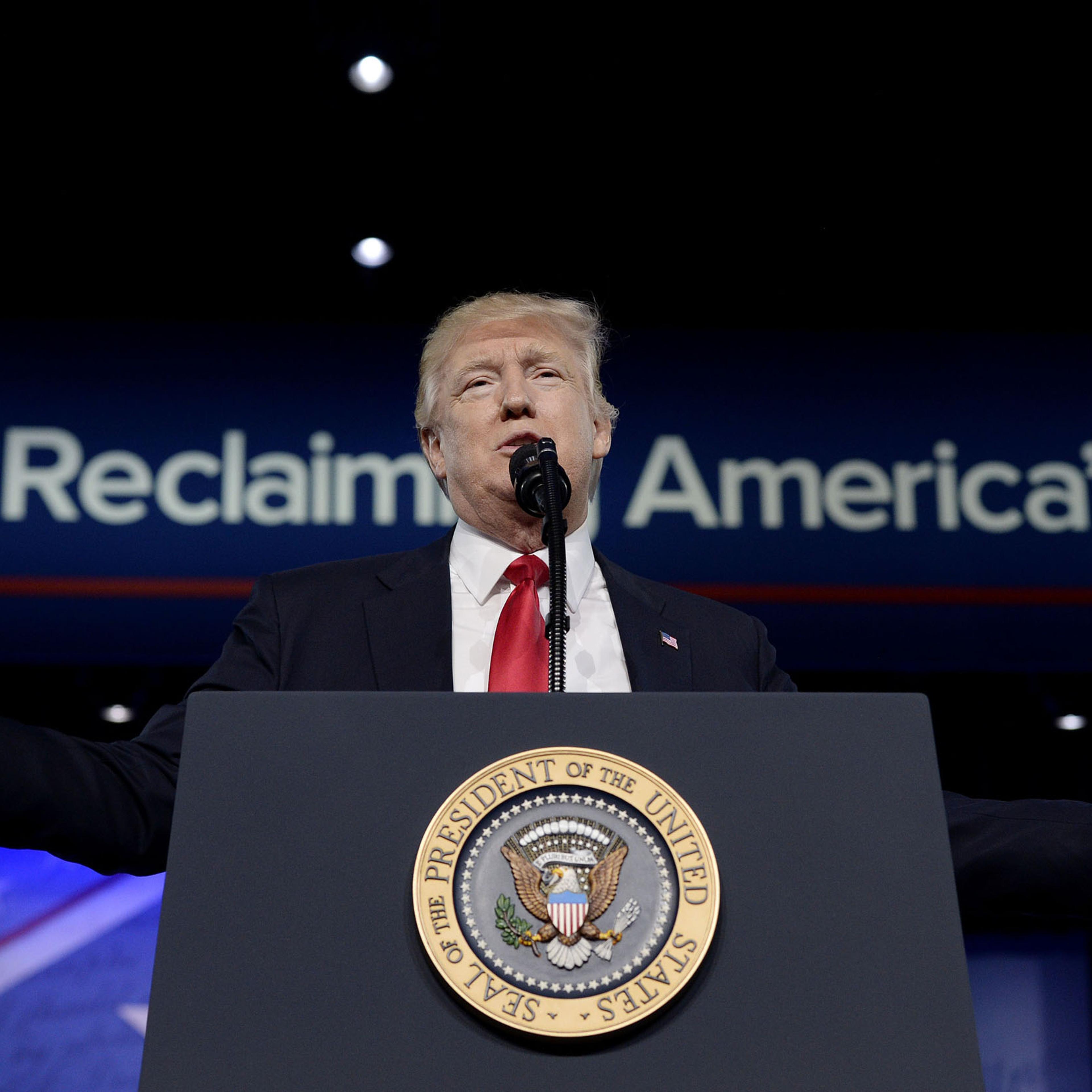 President Trump Addresses Annual CPAC Event In National Harbor, Maryland