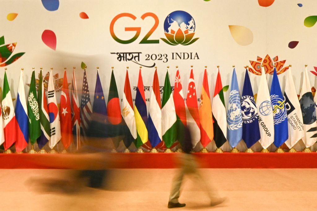 Flags of participating countries inside the International media centre at the G20 venue, ahead of its commencement in New Delhi on Sept. 7, 2023.