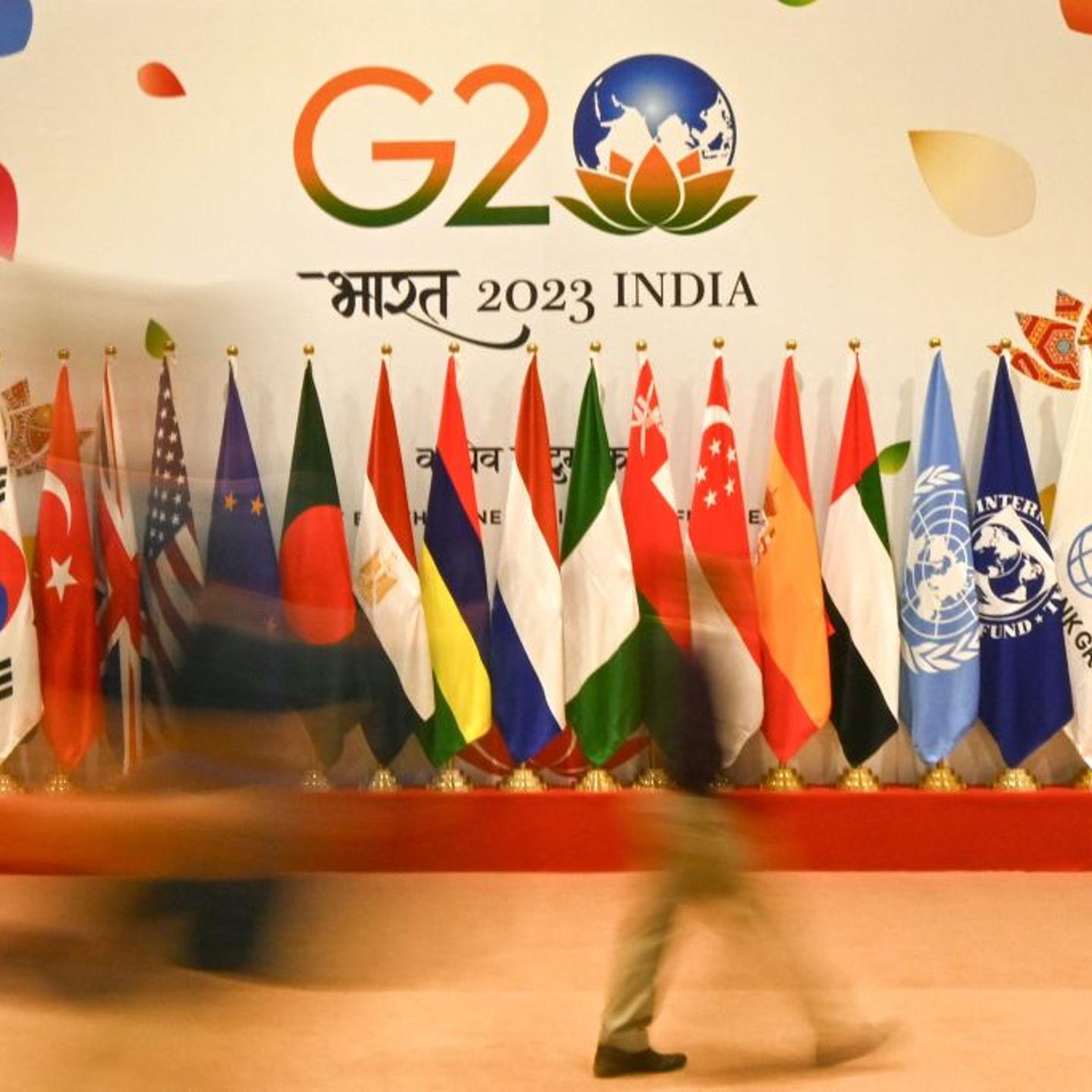 Flags of participating countries inside the International media centre at the G20 venue, ahead of its commencement in New Delhi on Sept. 7, 2023.