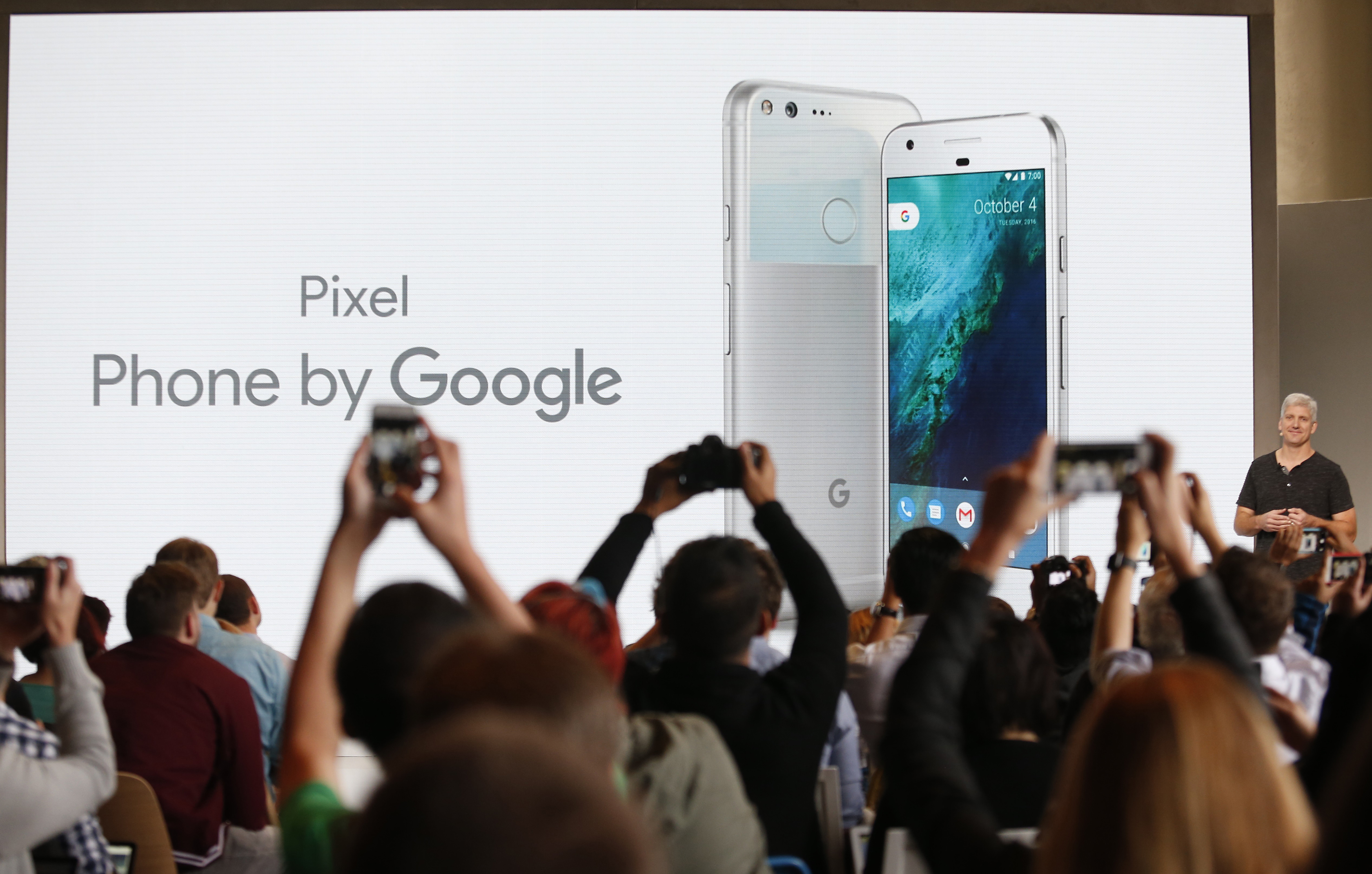 Rick Osterloh, SVP Hardware at Google, introduces the Pixel Phone by Google during the presentation of new Google hardware in San Francisco on Oct. 4, 2016.