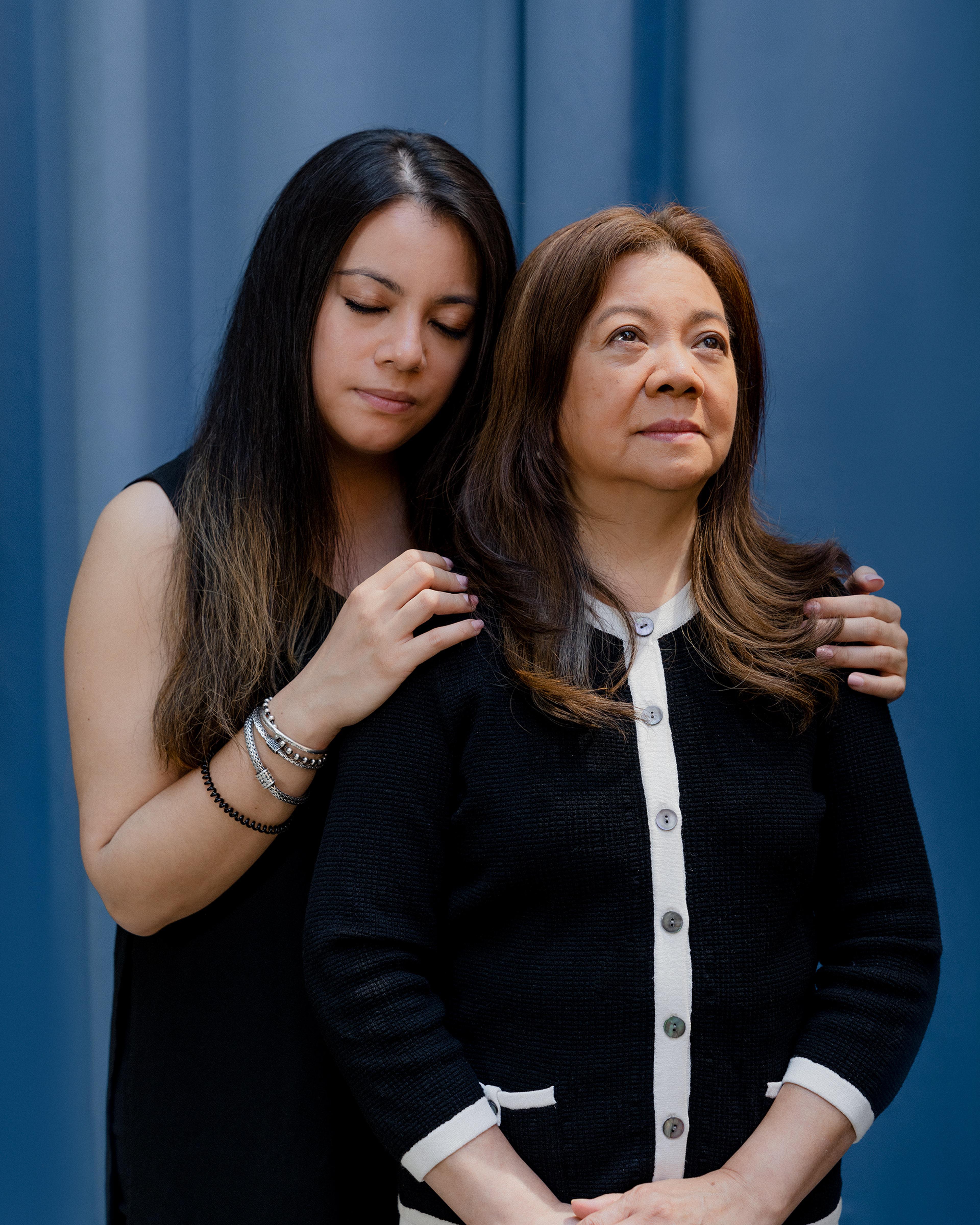 Elizabeth Kari, 32, closes her eyes as she holds her mother Vilma Kari, 66, inside her lower-Manhattan apartment building on May 21. It’s a rare moment of rest for Elizabeth, who took a two-month leave from her fashion-industry job to be her mother’s car