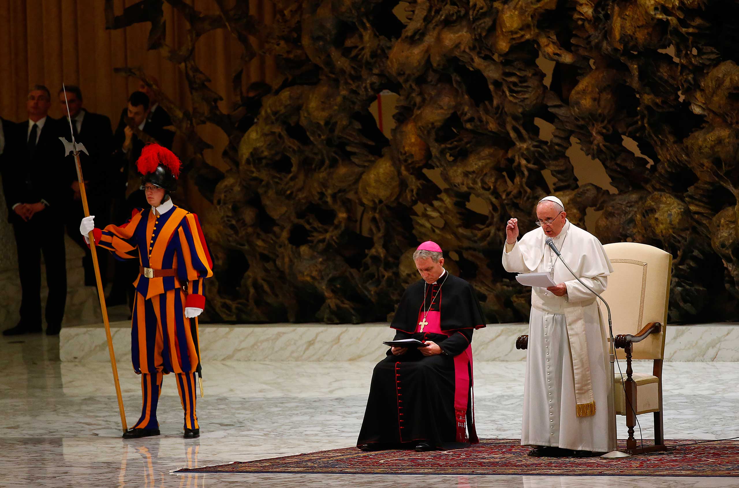 Pope Francis delivers his speech during a special audience with members of the confederation of Italian cooperatives in Paul VI hall at the Vatican
