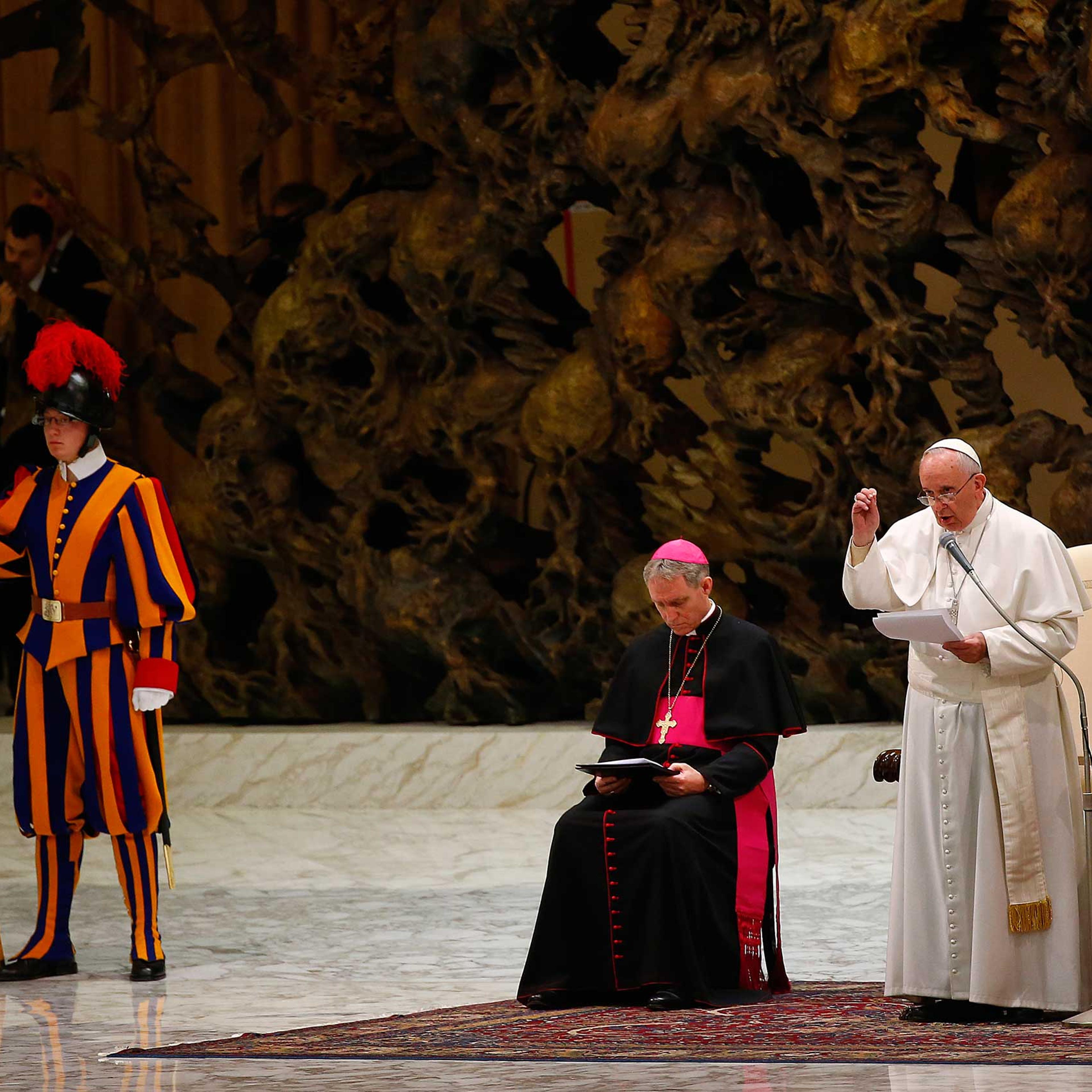 Pope Francis delivers his speech during a special audience with members of the confederation of Italian cooperatives in Paul VI hall at the Vatican