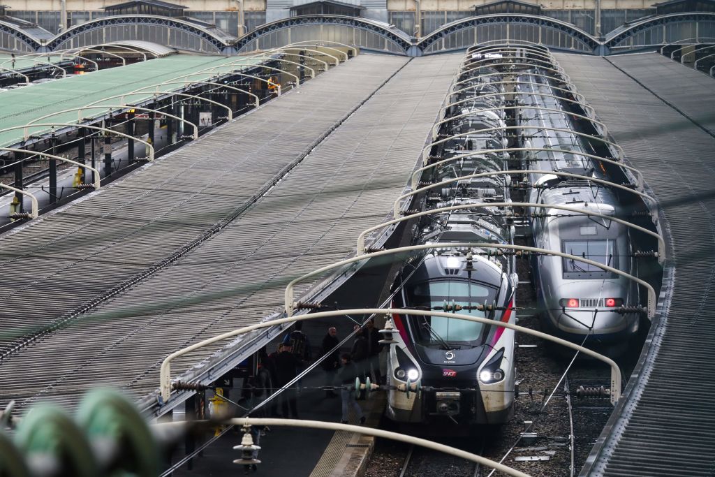 A SNCF (France's national state-owned railway company) high speed TGV train is pictured at the Gare de l'Est railway station in Paris