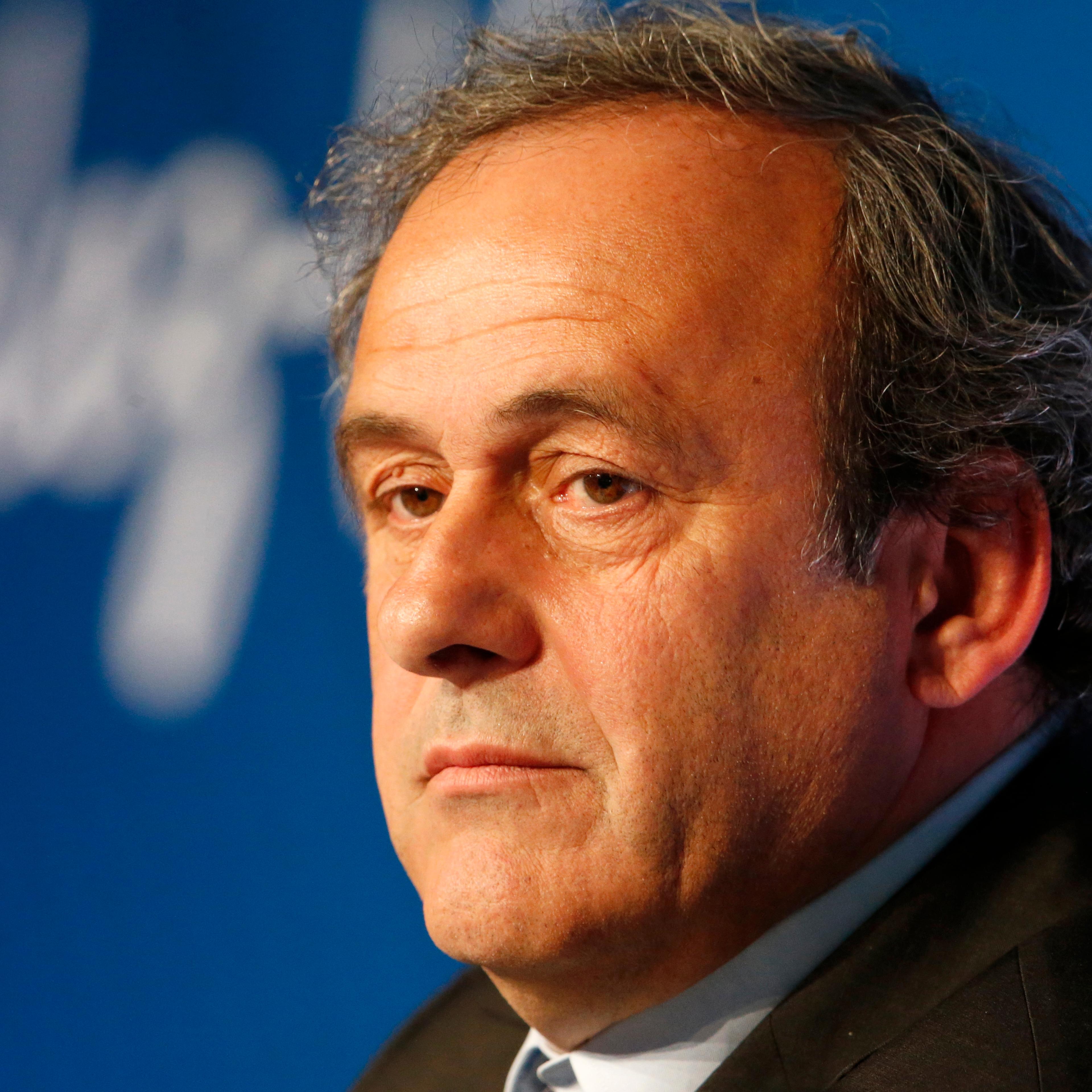 UEFA President Michel Platini holds a news conference a year before the start of Euro 2016, in Paris
