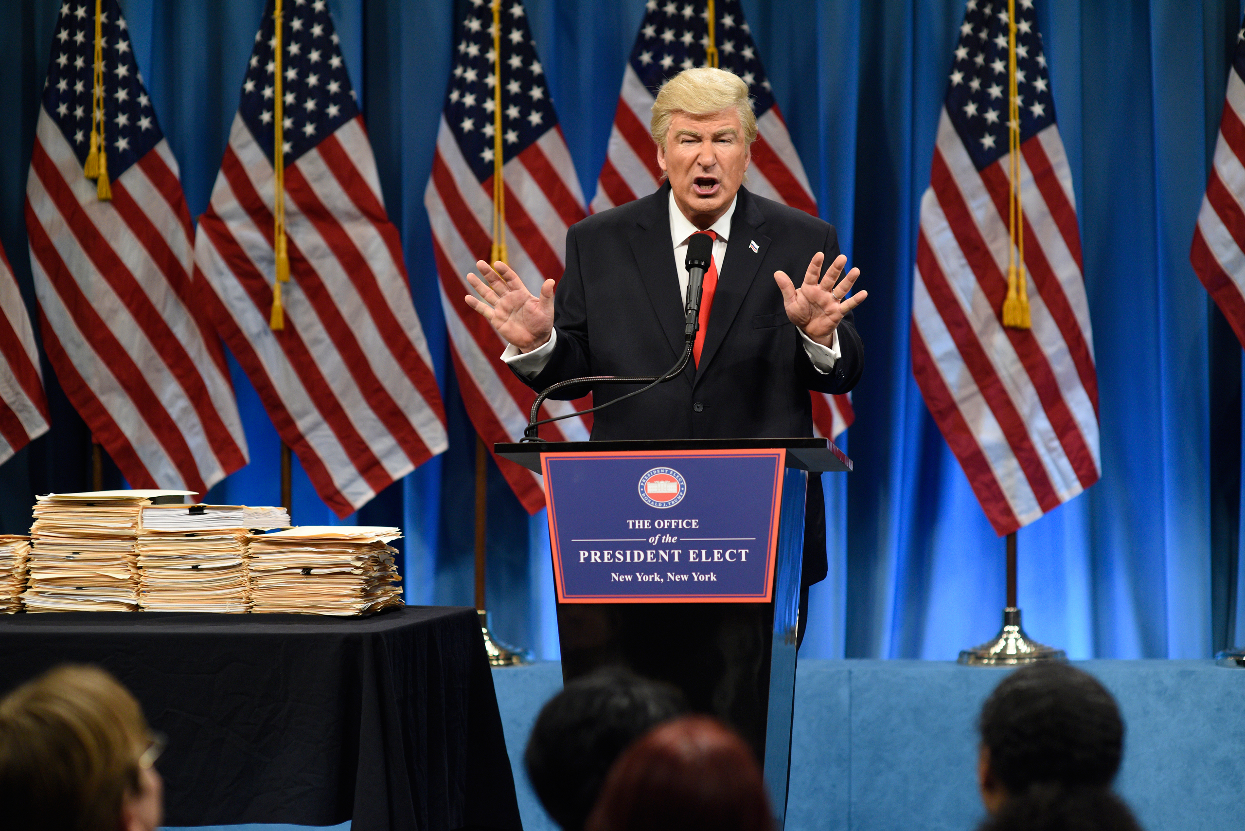 Saturday Night LSATURDAY NIGHT LIVE -- "Felicity Jones" Episode 1715 -- Pictured: Alec Baldwin as President Elect Donald J. Trump during the Trump Press Conference Cold Open on January 14th, 2017 -- (Photo by: Will Heath/NBC/NBCU Photo Bank via Getty Ima