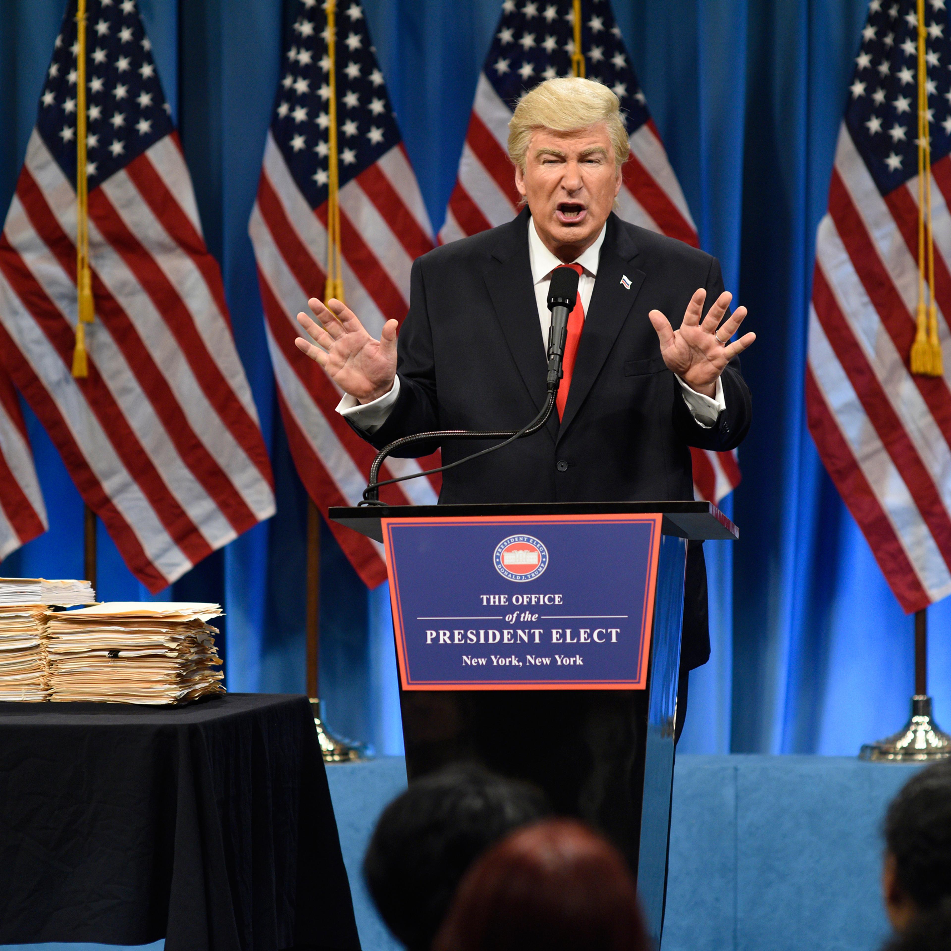 Saturday Night LSATURDAY NIGHT LIVE -- "Felicity Jones" Episode 1715 -- Pictured: Alec Baldwin as President Elect Donald J. Trump during the Trump Press Conference Cold Open on January 14th, 2017 -- (Photo by: Will Heath/NBC/NBCU Photo Bank via Getty Ima