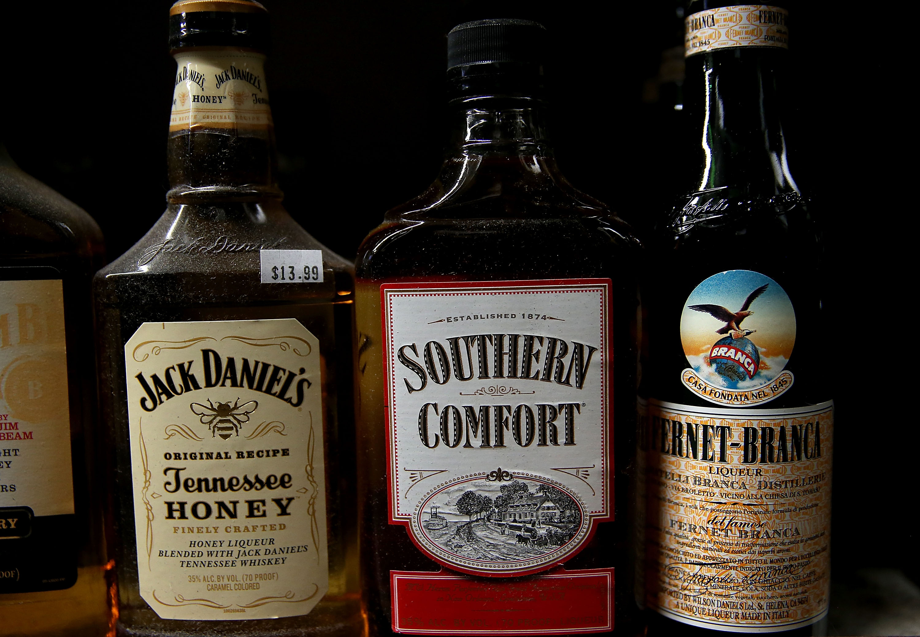 A bottle of Southern Comfort whiskey is displayed on a shelf at a liquor store on January 14, 2016 in San Anselmo, California.
