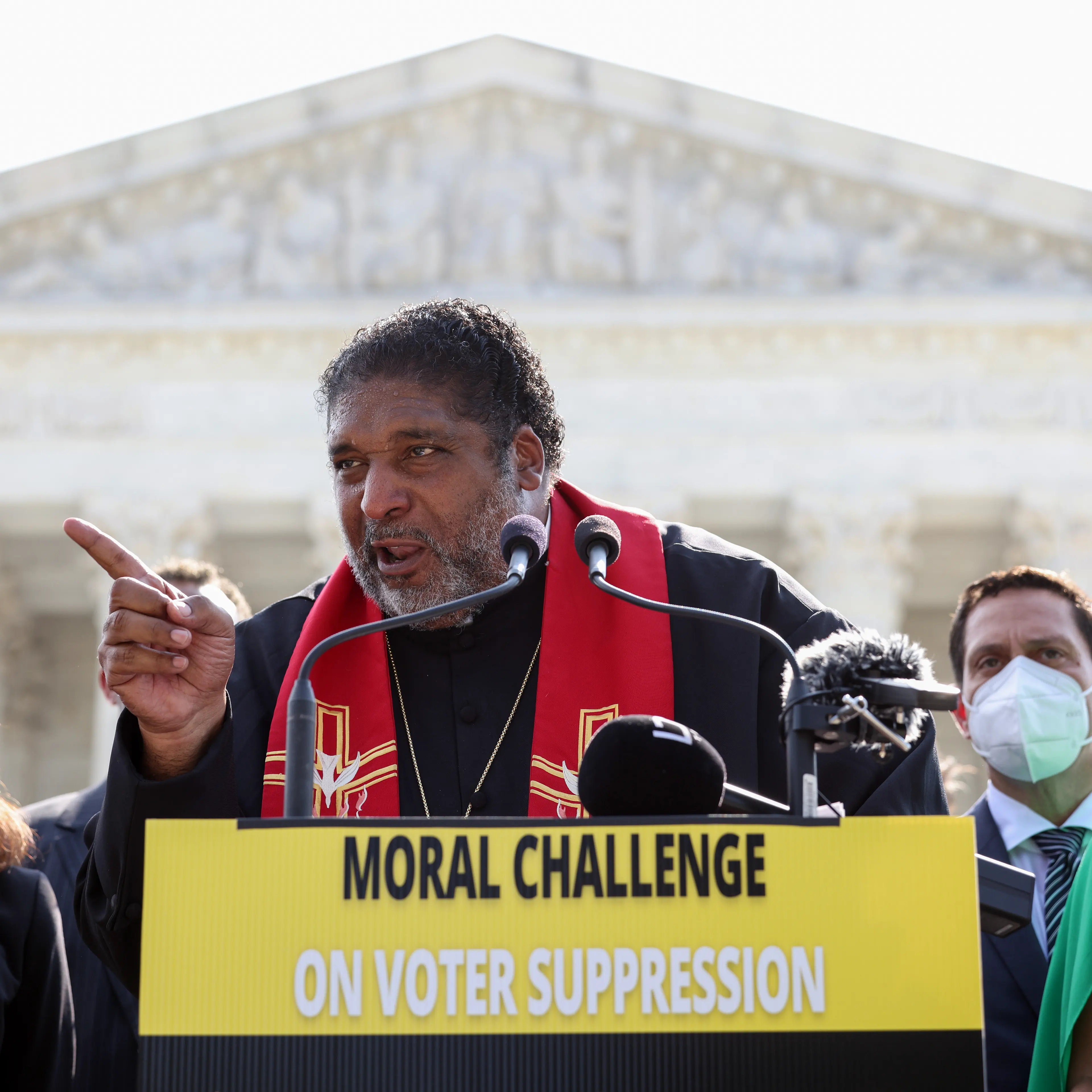 Rev. William Barber speaks alongside Texas State Representatives and fellow religious leaders, in Washington, D.C., on Aug. 12, 2021.