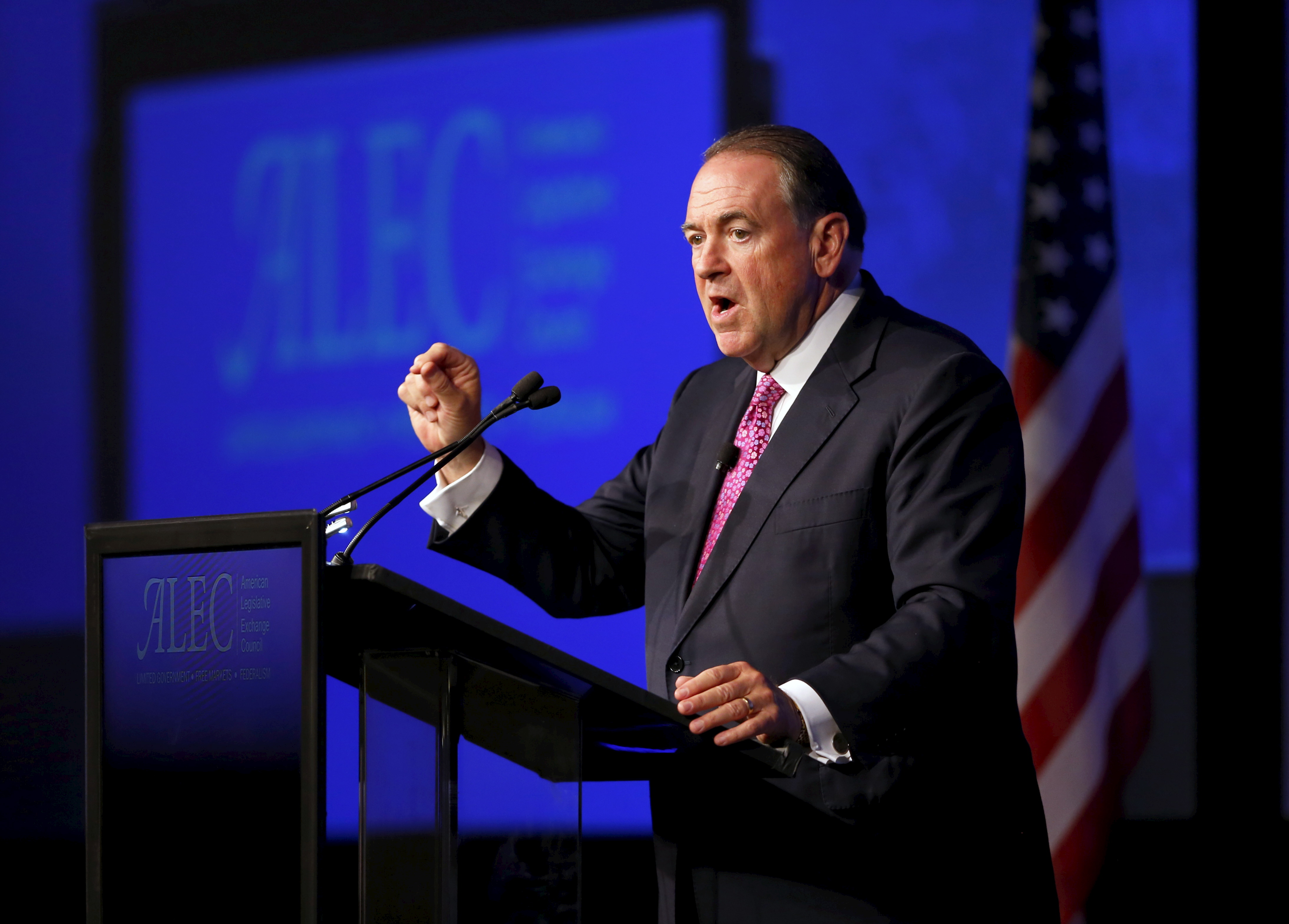 U.S. Republican presidential candidate Huckabee speaks to 42nd annual meeting of American Legislative Exchange Council in San Diego