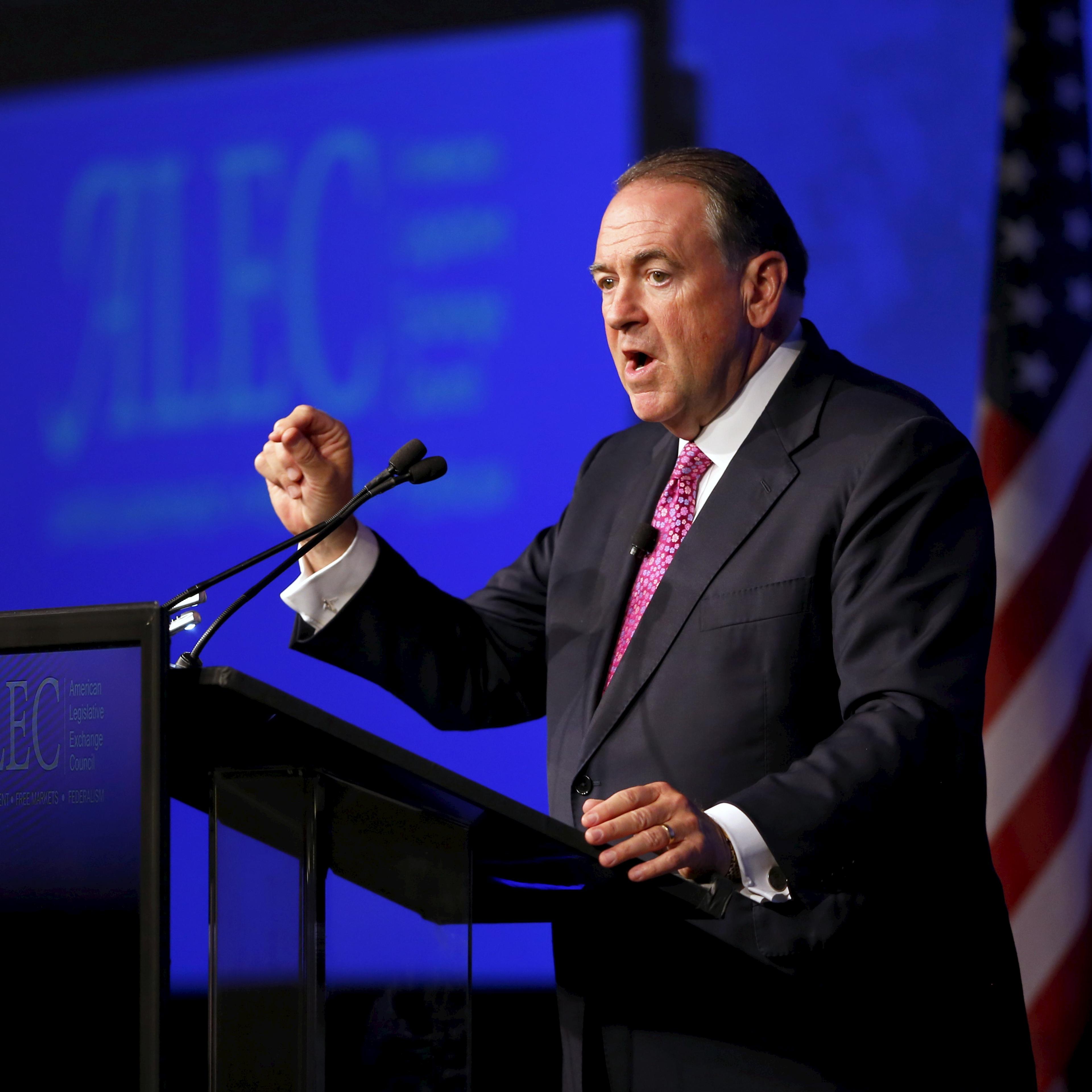 U.S. Republican presidential candidate Huckabee speaks to 42nd annual meeting of American Legislative Exchange Council in San Diego