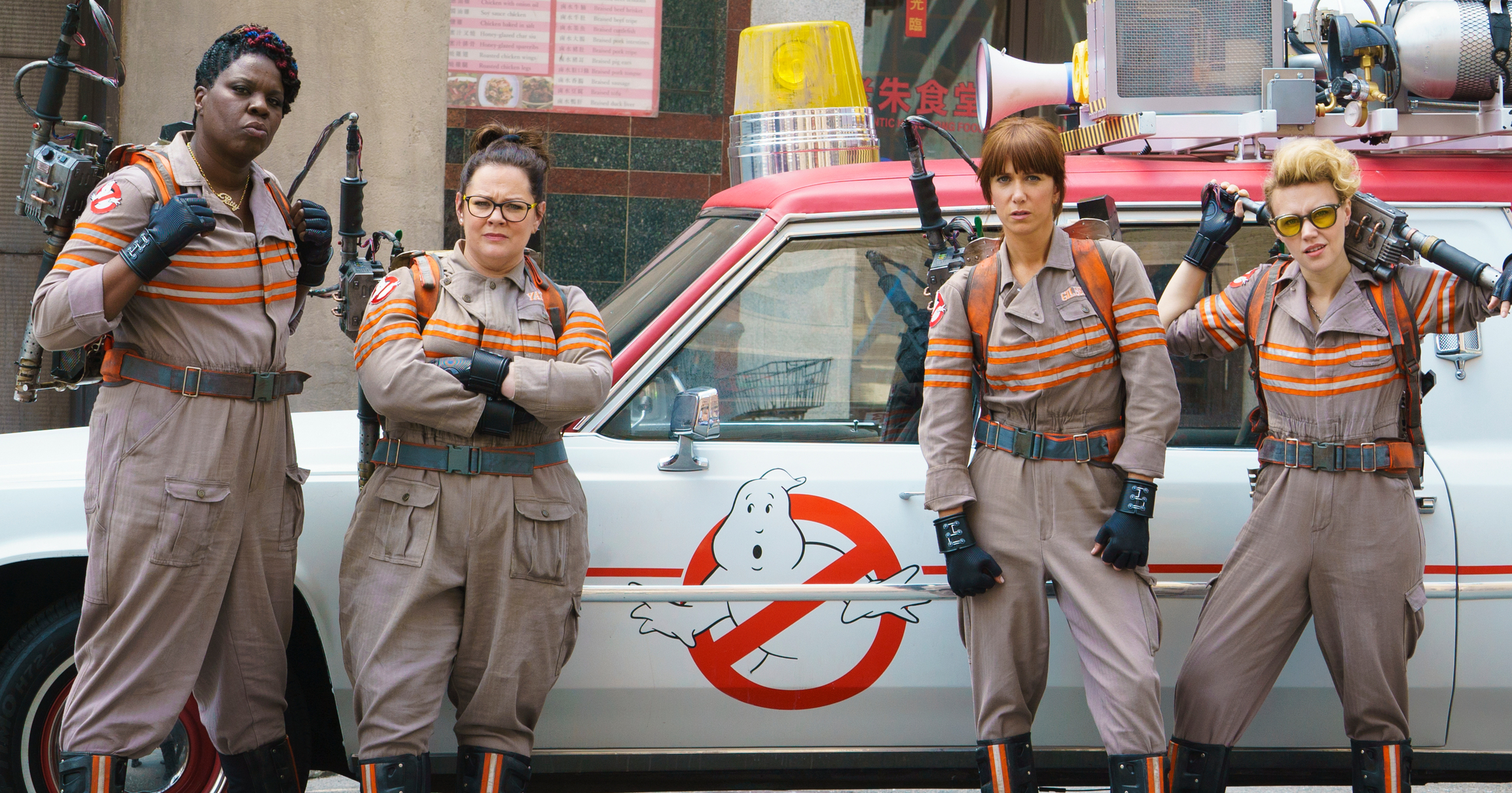 From left: Leslie Jones, Melissa McCarthy, Kristen Wiig and Kate McKinnon in Ghostbusters.