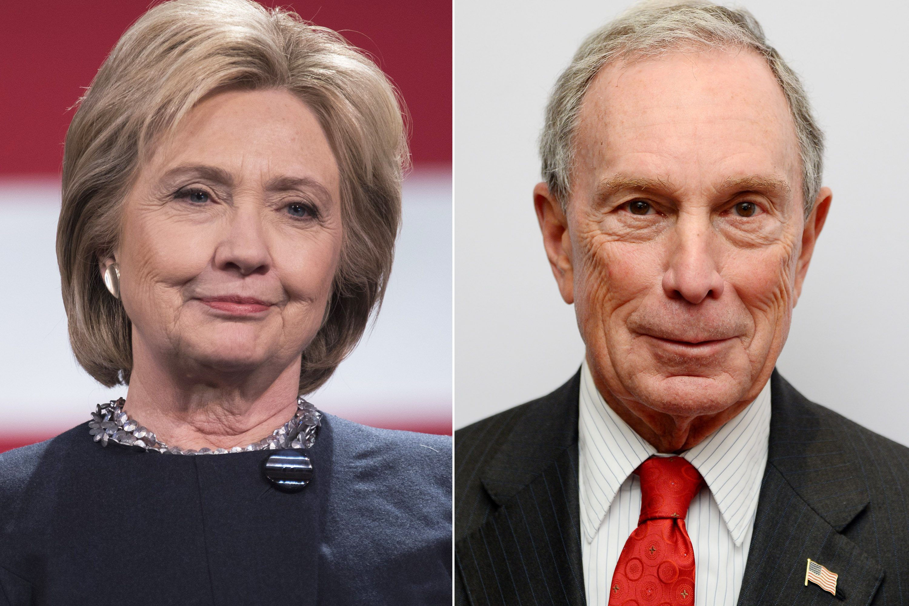 LeftHillary Clinton speaking during a campaign stop at the Rochester Opera House in Rochester, NH on January 22, 2016. Right Michael Bloomberg attends Jazz at Lincoln Center's Ertegun Atrium and Ertegun Hall of Fame grand reopening at Jazz at Lincoln Cen
