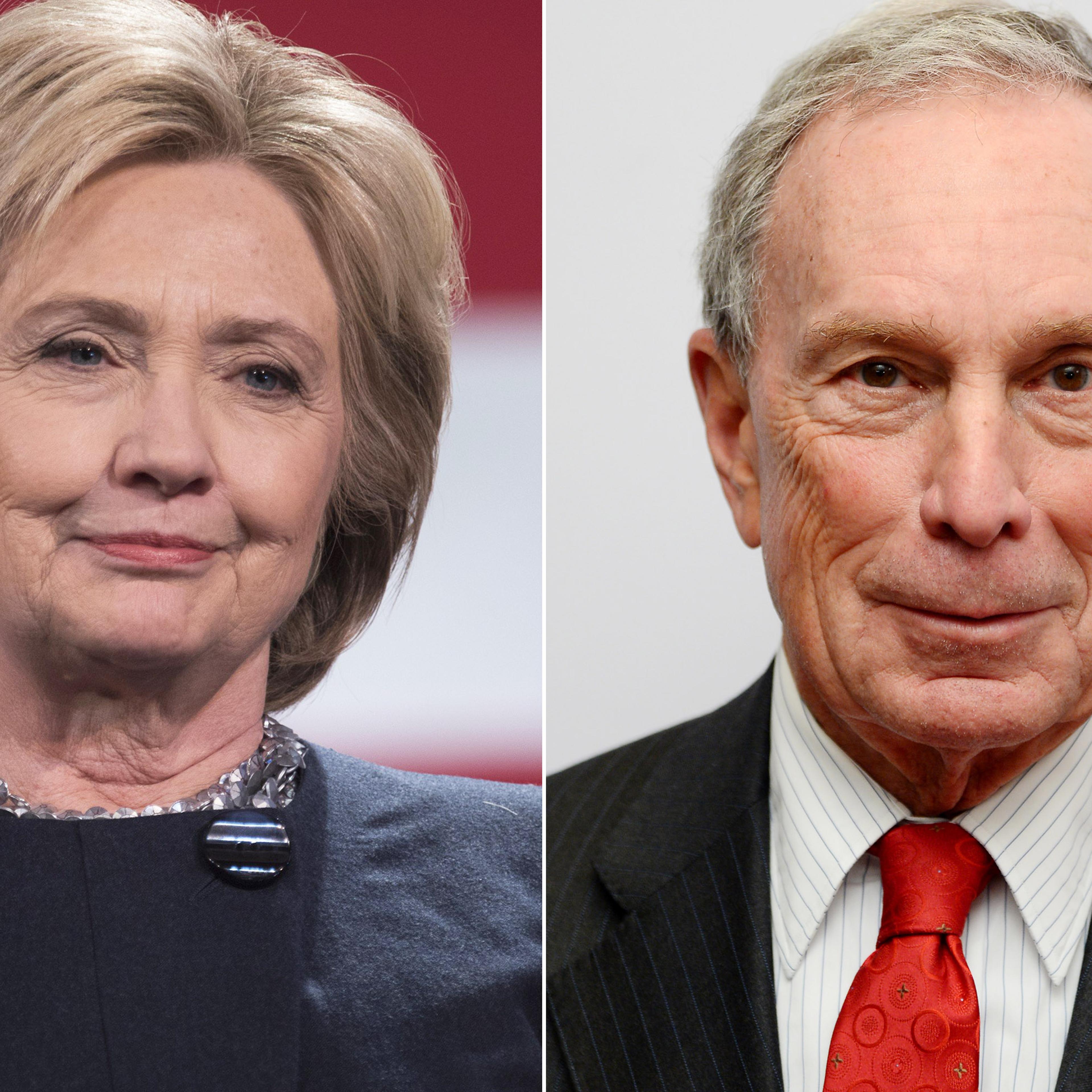 LeftHillary Clinton speaking during a campaign stop at the Rochester Opera House in Rochester, NH on January 22, 2016. Right Michael Bloomberg attends Jazz at Lincoln Center's Ertegun Atrium and Ertegun Hall of Fame grand reopening at Jazz at Lincoln Cen