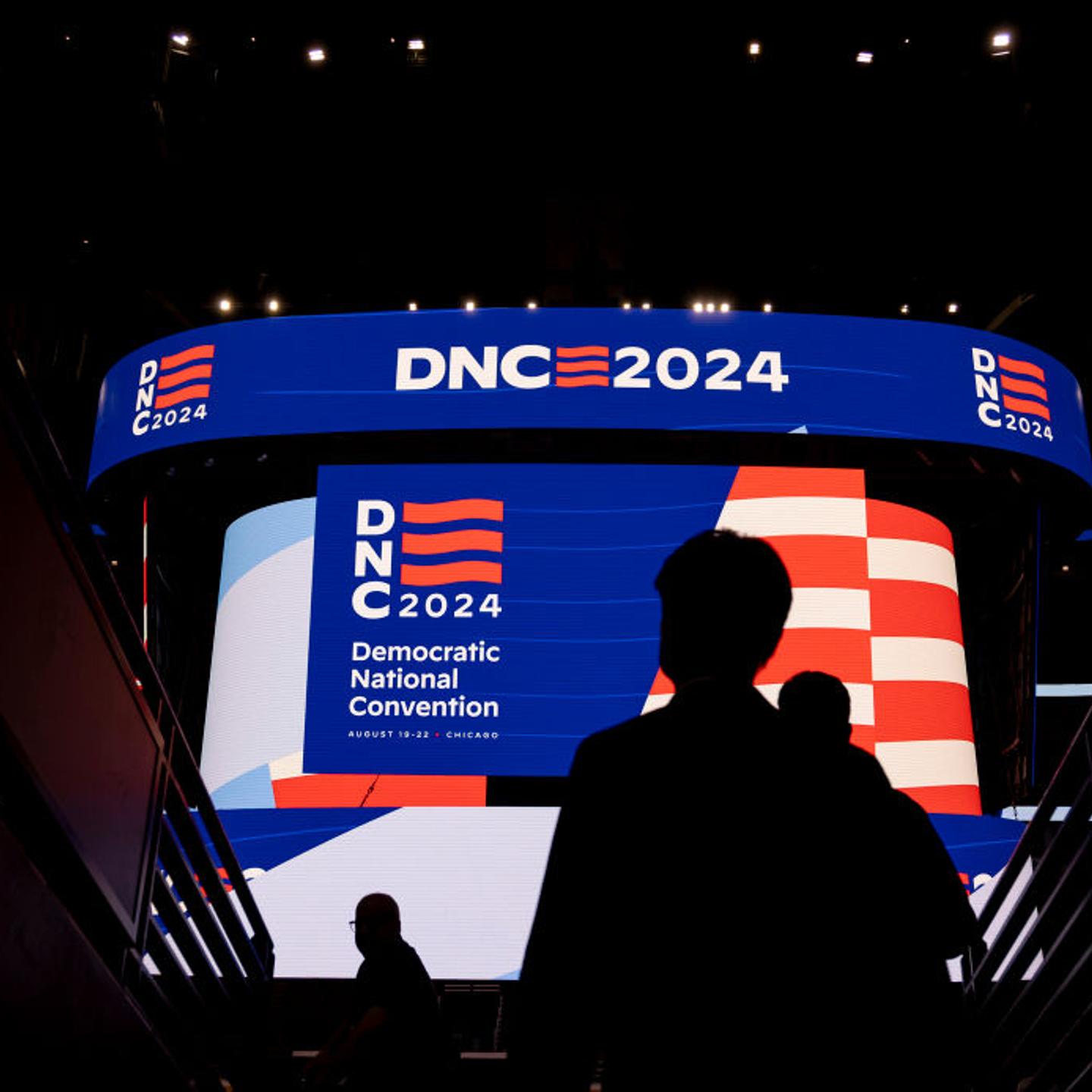 Signage is displayed during a walkthrough of the Democratic National Convention on May 22, 2024, at the United Center.
