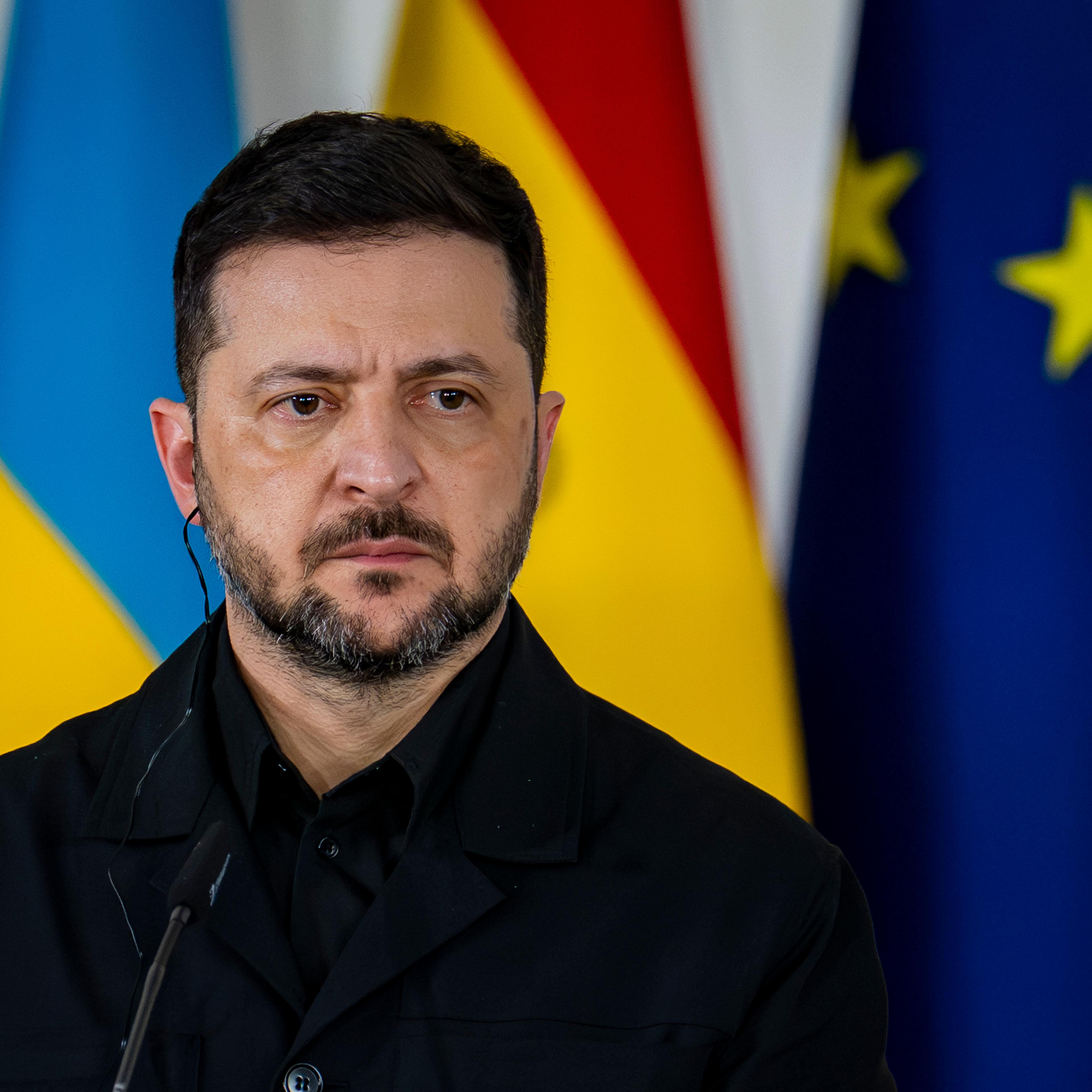 Ukrainian president Volodymyr Zelensky speaks at a press