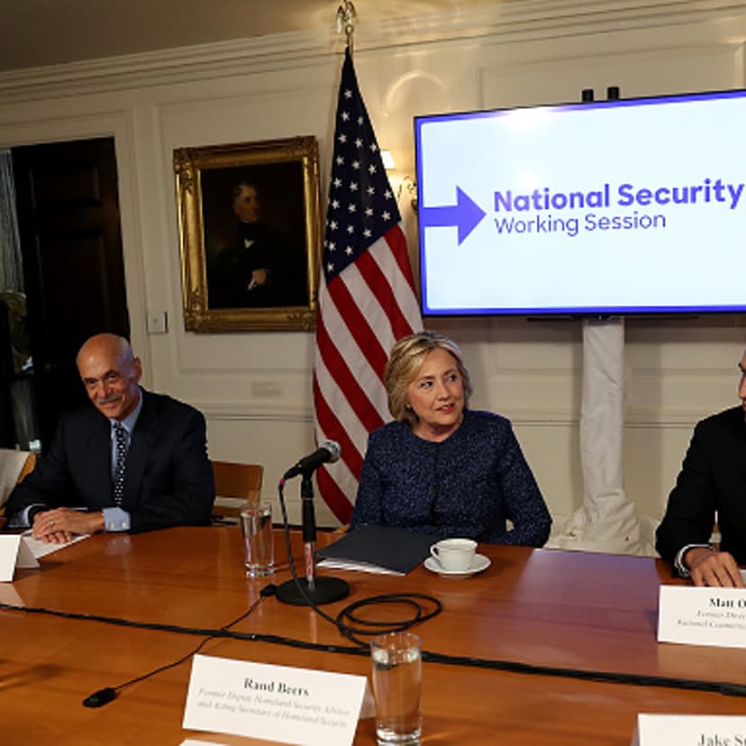 Democratic presidential nominee former Secretary of State Hillary Clinton (C) meets with national security advisors during a National Security Working Session at the New York Historical Society Library on September 9, 2016 in New York City.
