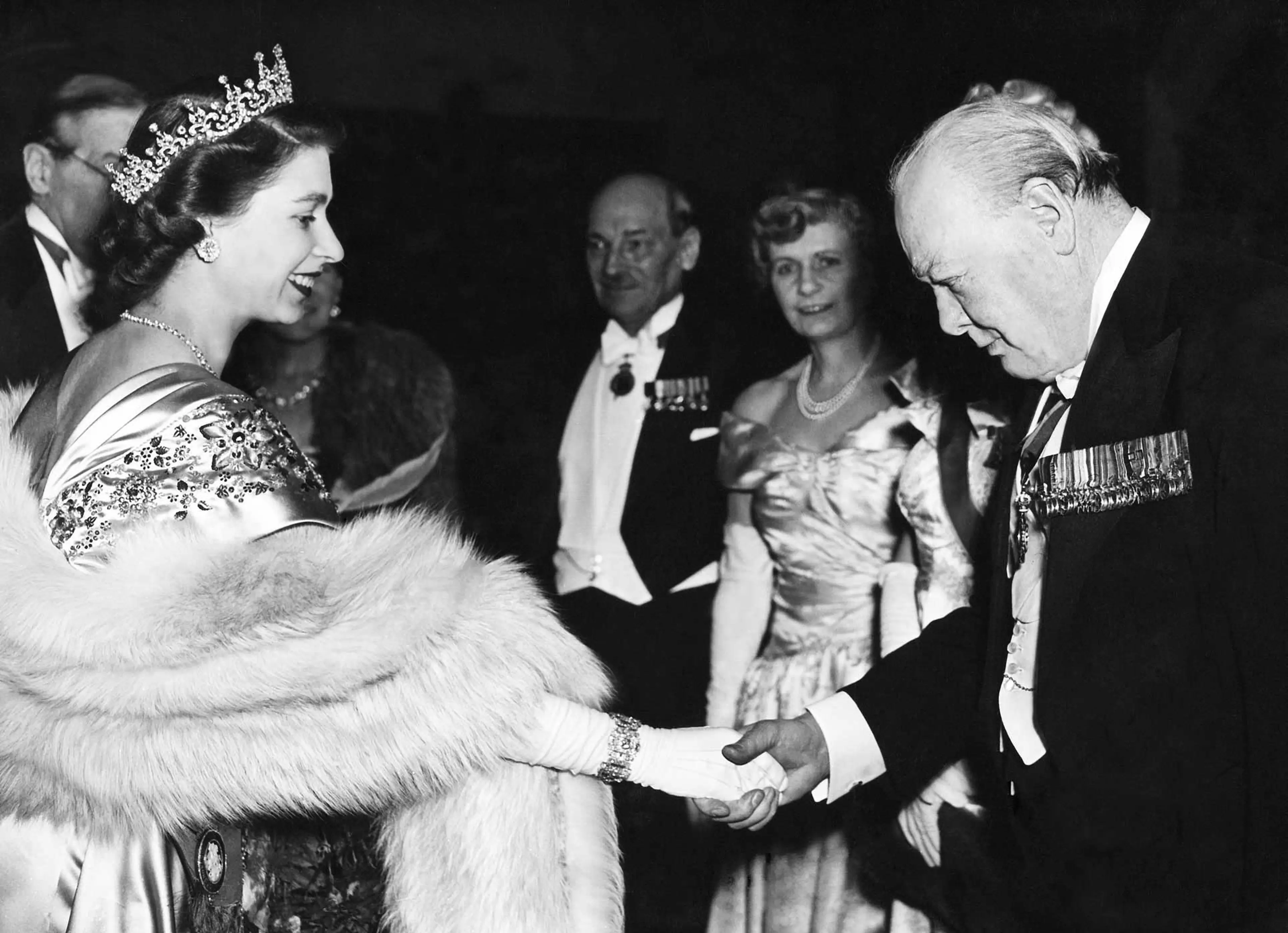 MARCH 23RD 1950, LONDON, PRINCESS ELIZABETH GREETING WINSTON CHURCHILL AT GUILDHALL