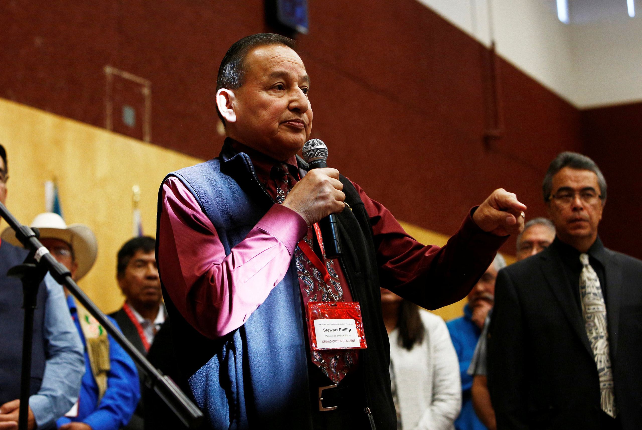 Grand Chief Stewart Phillip speaks to First Nations leaders before signing the Treaty Alliance Against Tar Sands Expansion at the Musqueam Community Centre in Vancouver, British Columbia, Canada, Sept. 22, 2016.