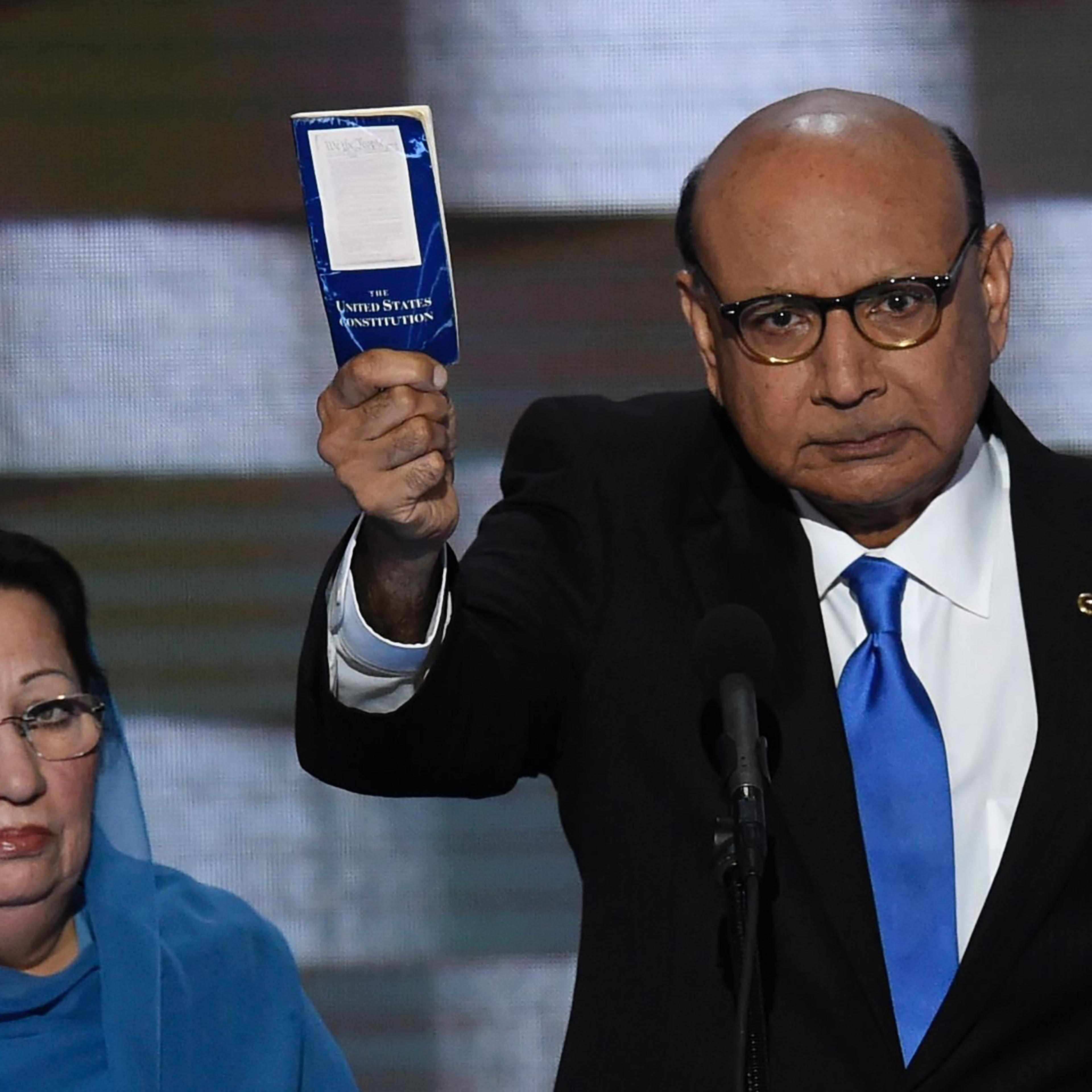 Khizr Khan holding his personal copy of the US Constitution while addressing delegates on the fourth and final day of the Democratic National Convention at Wells Fargo Center in Philadelphia, Pennsylvania, July 28, 2016.
