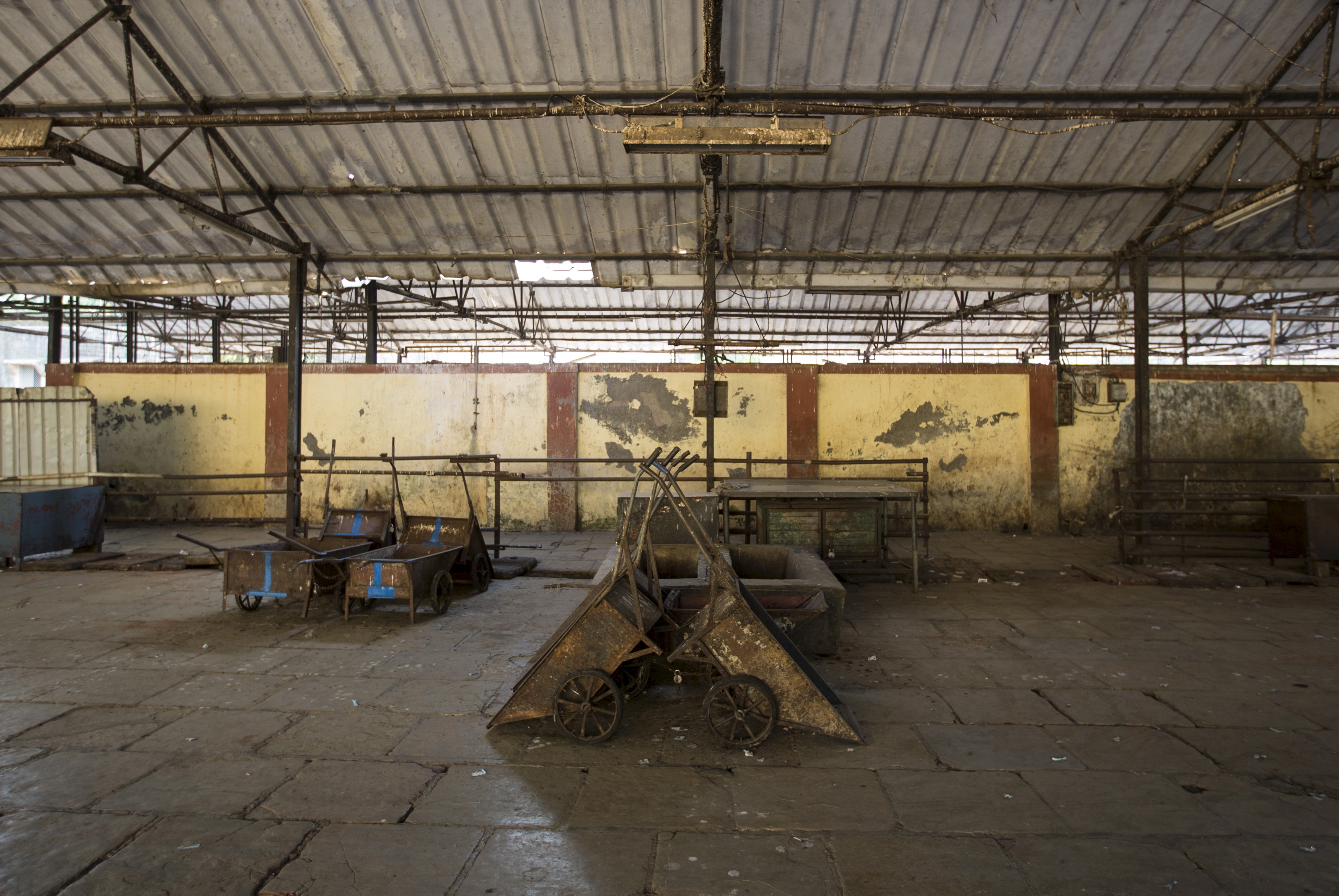 Handcarts used for transporting meat are seen parked at an abattoir during a strike against a ban on the slaughter of bulls and bullocks in Mumbai