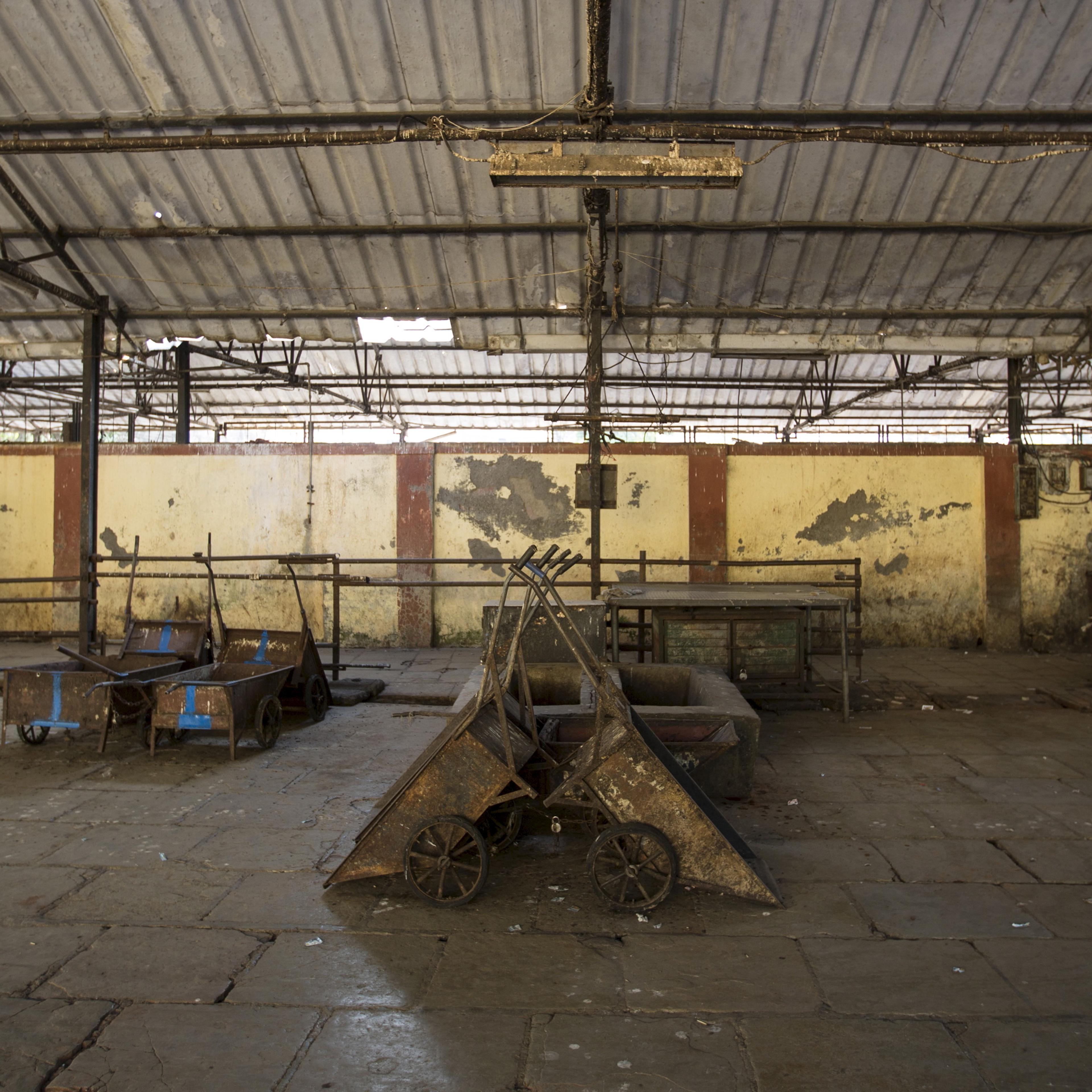 Handcarts used for transporting meat are seen parked at an abattoir during a strike against a ban on the slaughter of bulls and bullocks in Mumbai
