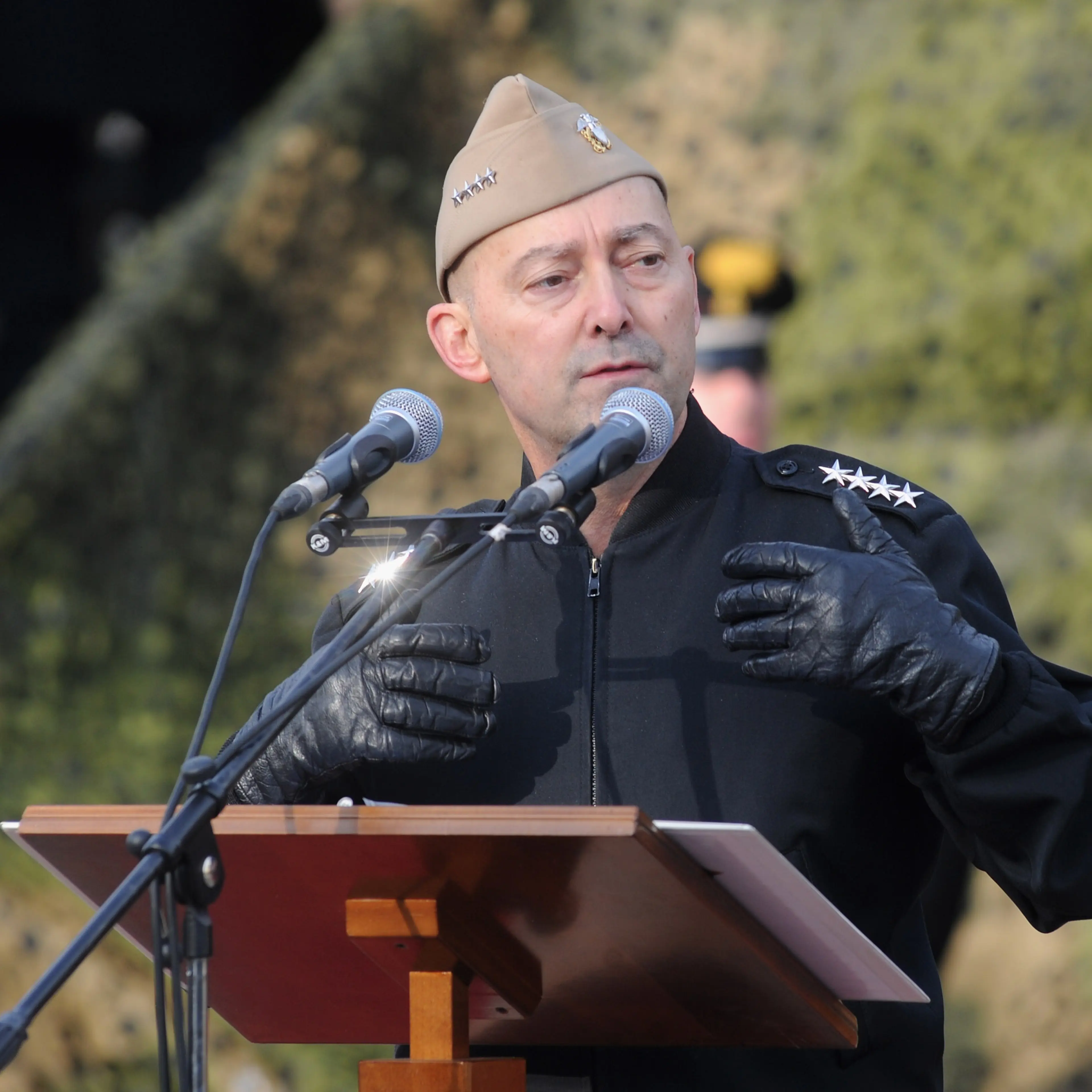 Former Supreme Allied Commander Europe Admiral James Stavridis makes a speech at the departure Ceremony for OTAN Rapid Deployable Corps - Italy bound for Afghanistan at Ugo Mara Barracks in Solbiate Olona, Italy, on Jan. 10, 2013.