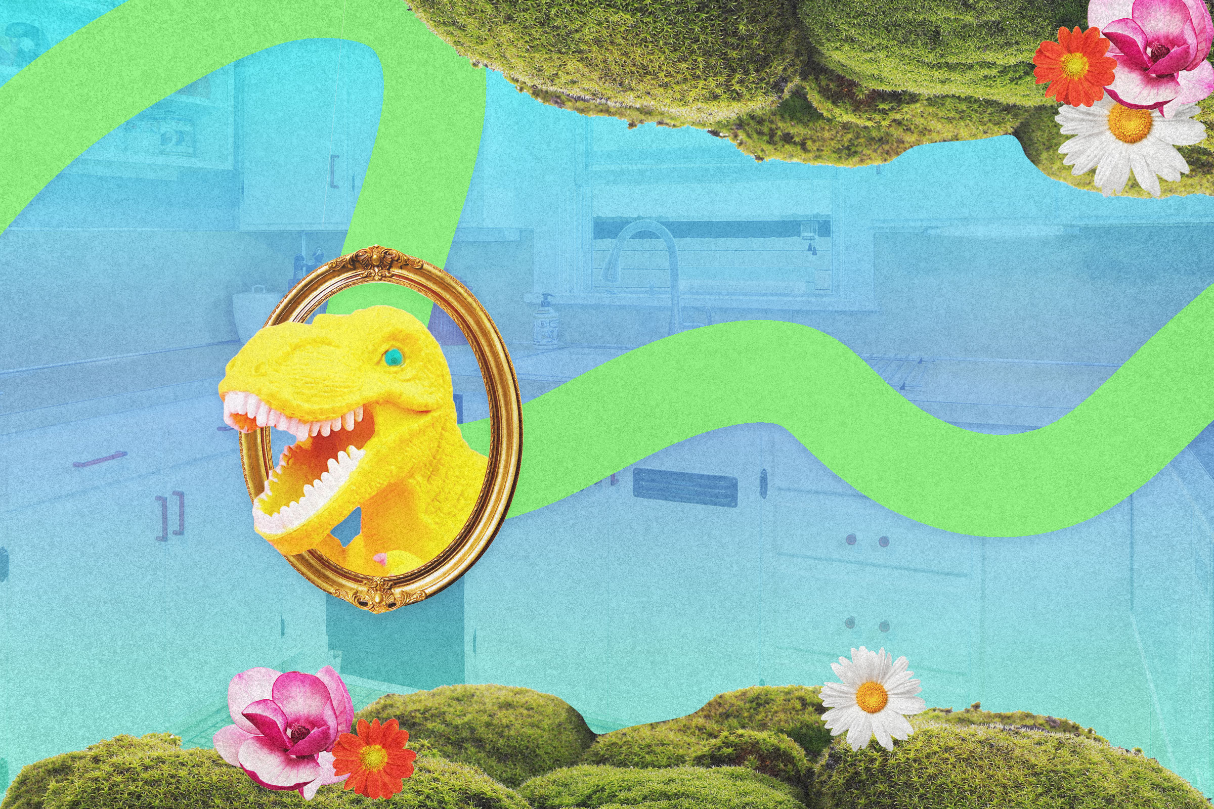 A collage showing a kitchen with a blue to green gradient over it, a dinosaur head coming out of a picture frame and moss and flowers framing the edges of the collage