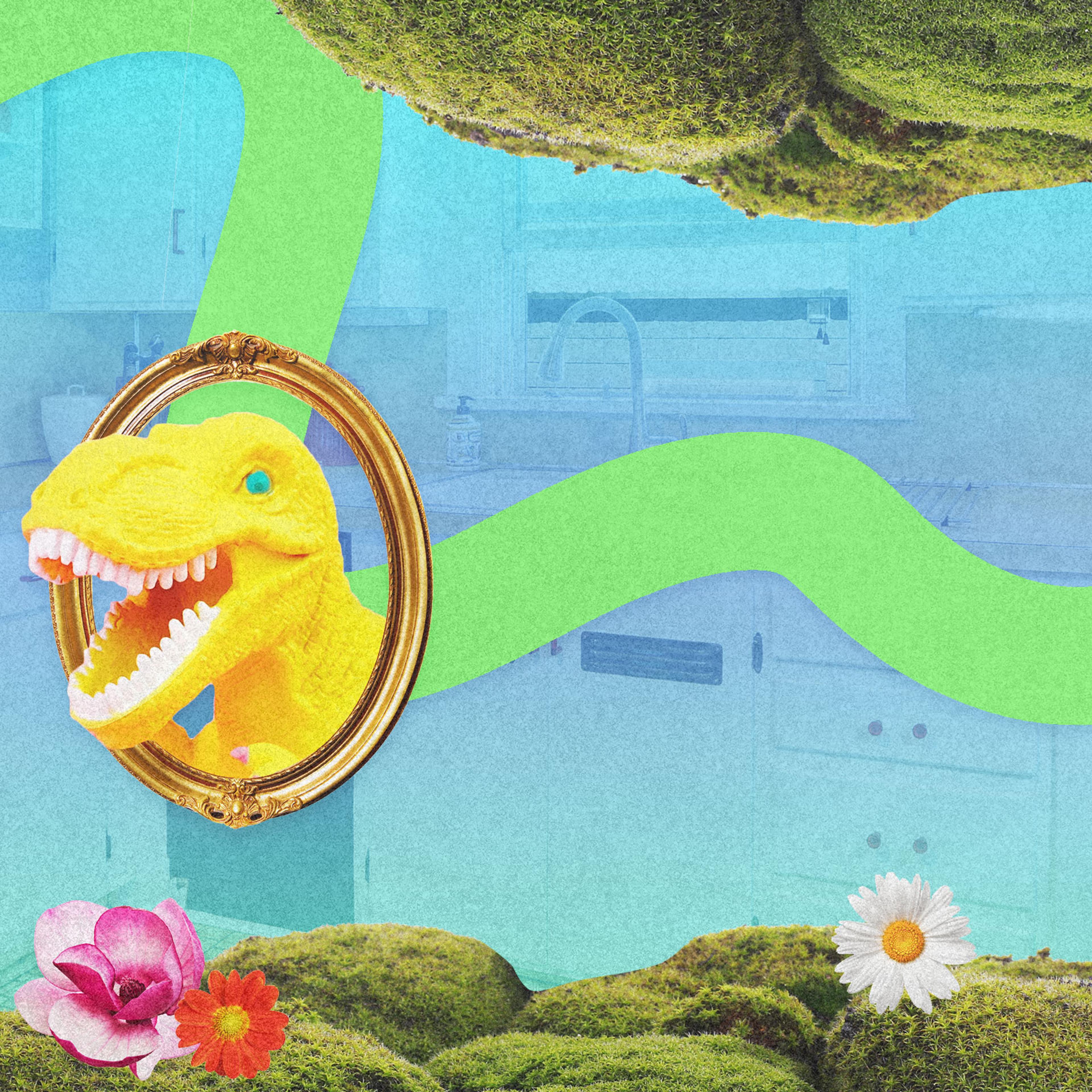 A collage showing a kitchen with a blue to green gradient over it, a dinosaur head coming out of a picture frame and moss and flowers framing the edges of the collage