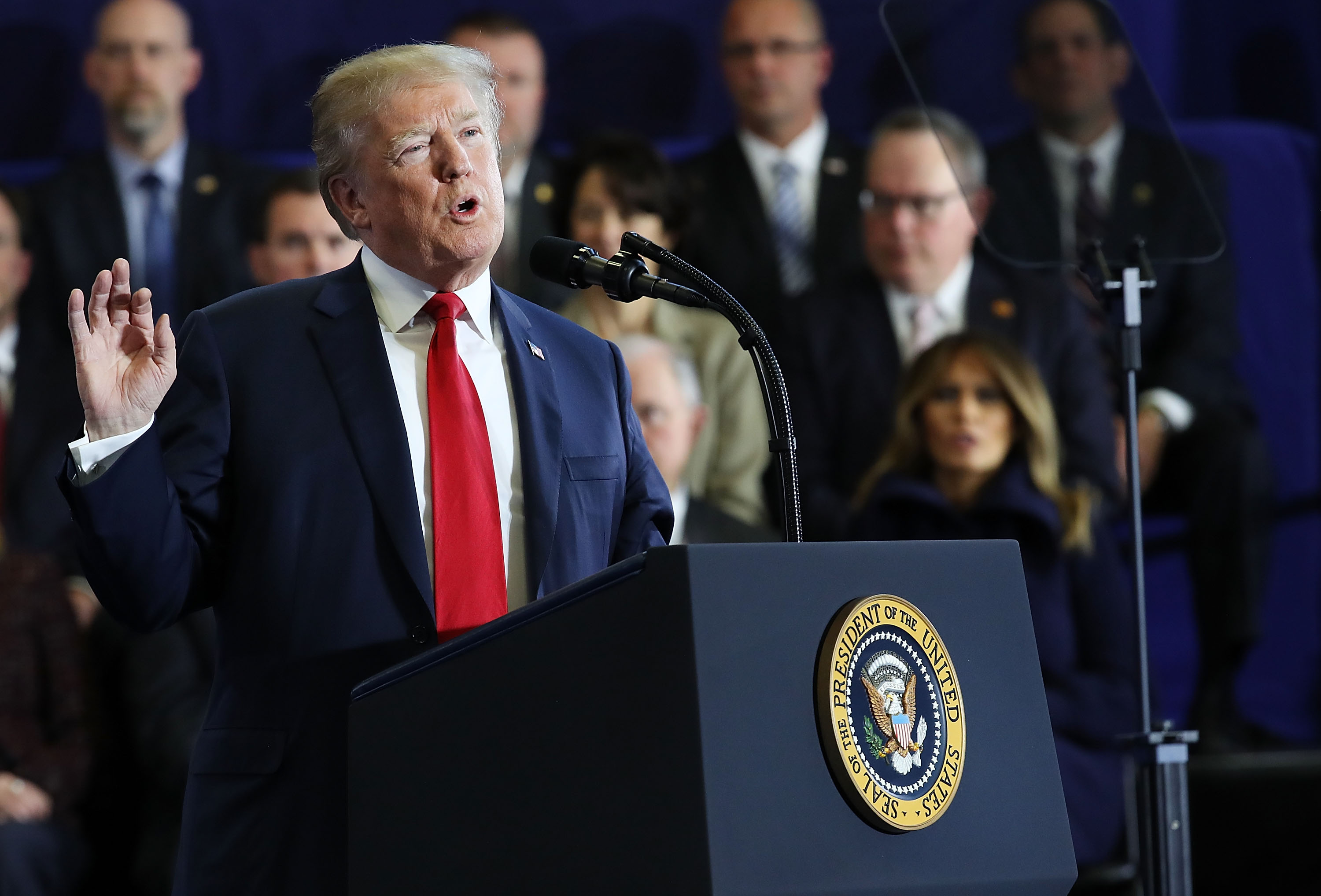 President Trump Delivers Remarks At Manchester Community College In NH