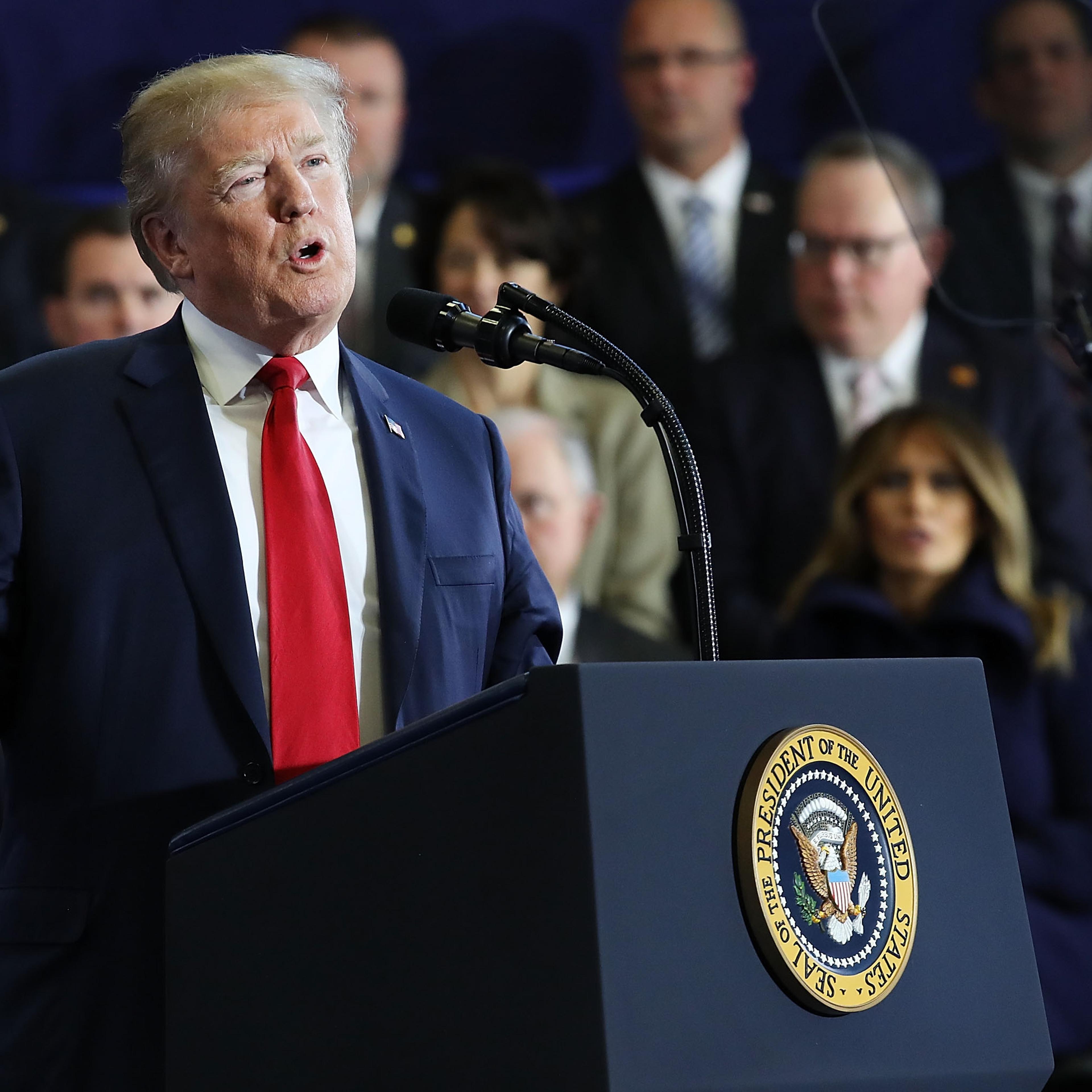 President Trump Delivers Remarks At Manchester Community College In NH
