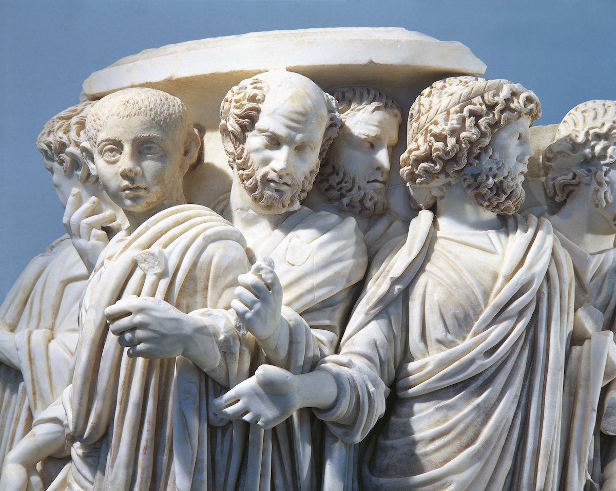 Marble fragment of Acilia sarcophagus depicting Roman Senate during procession on occasion of appointment of a consul, 270 a.d., detail