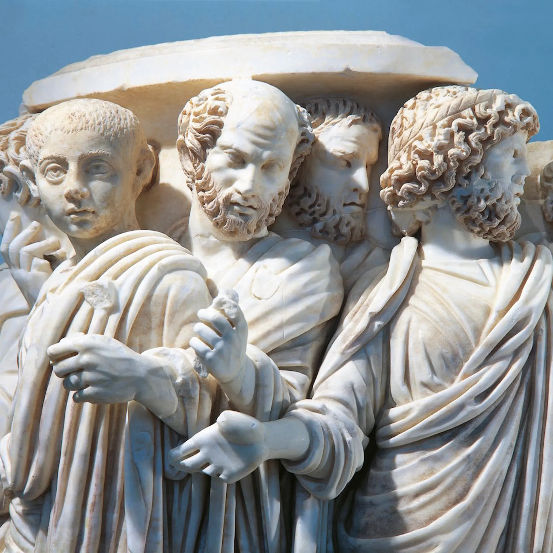 Marble fragment of Acilia sarcophagus depicting Roman Senate during procession on occasion of appointment of a consul, 270 a.d., detail