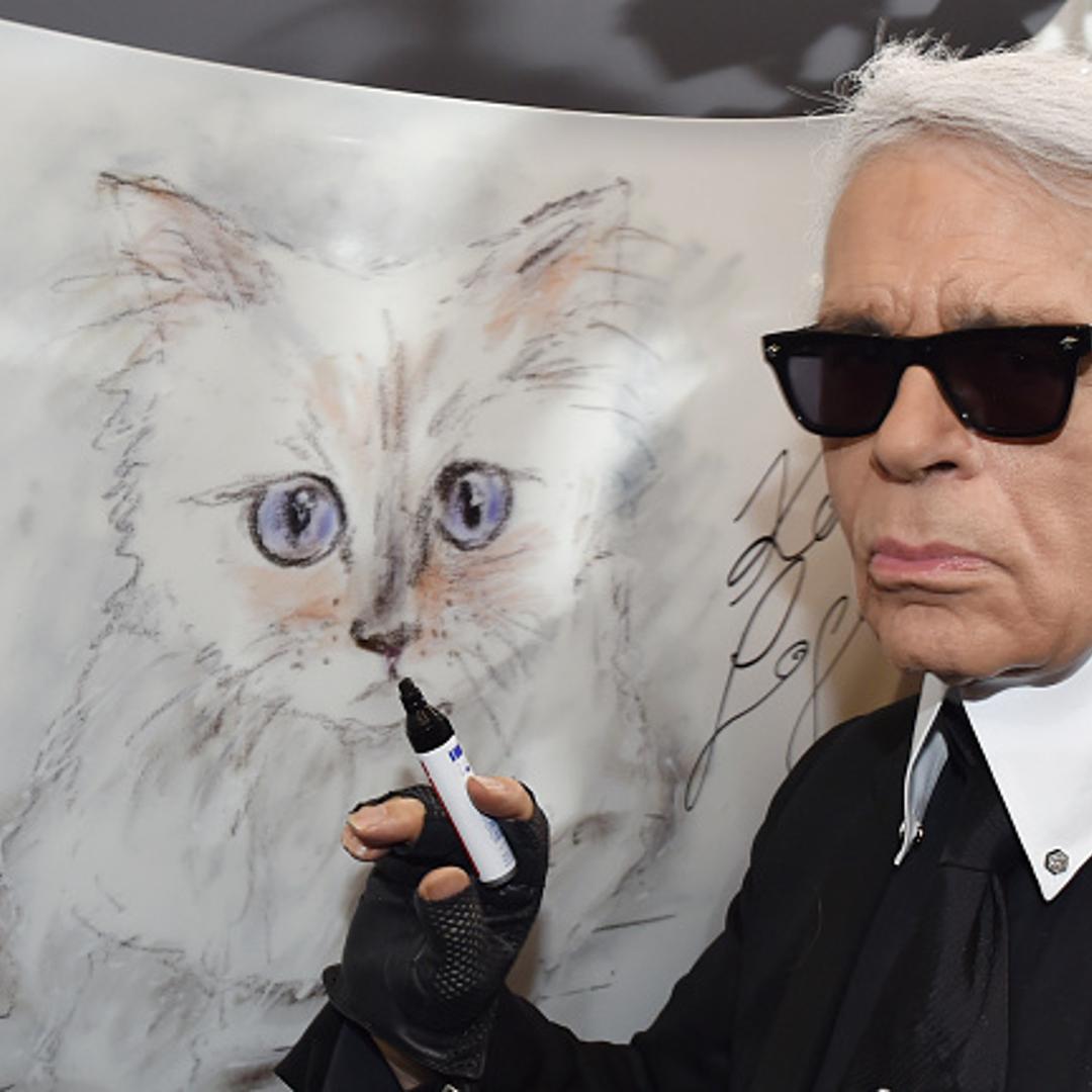The fashion designer Karl Lagerfeld stands at the vernissage 'Corsa Karl und Choupette' for his photo calendar in the Palazzo Italia at a drawing of his Burma cat.