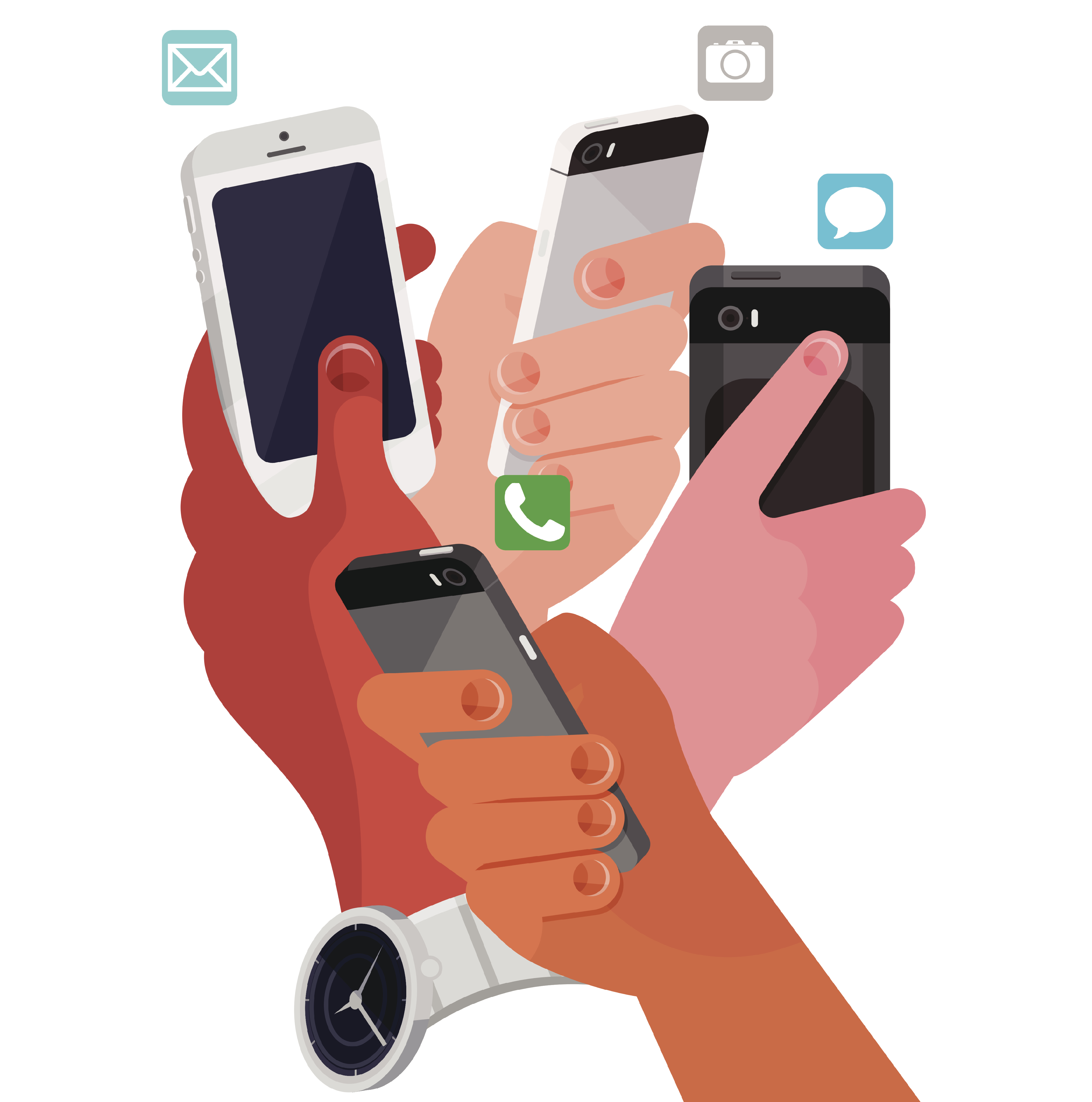 Four hands using smart phones