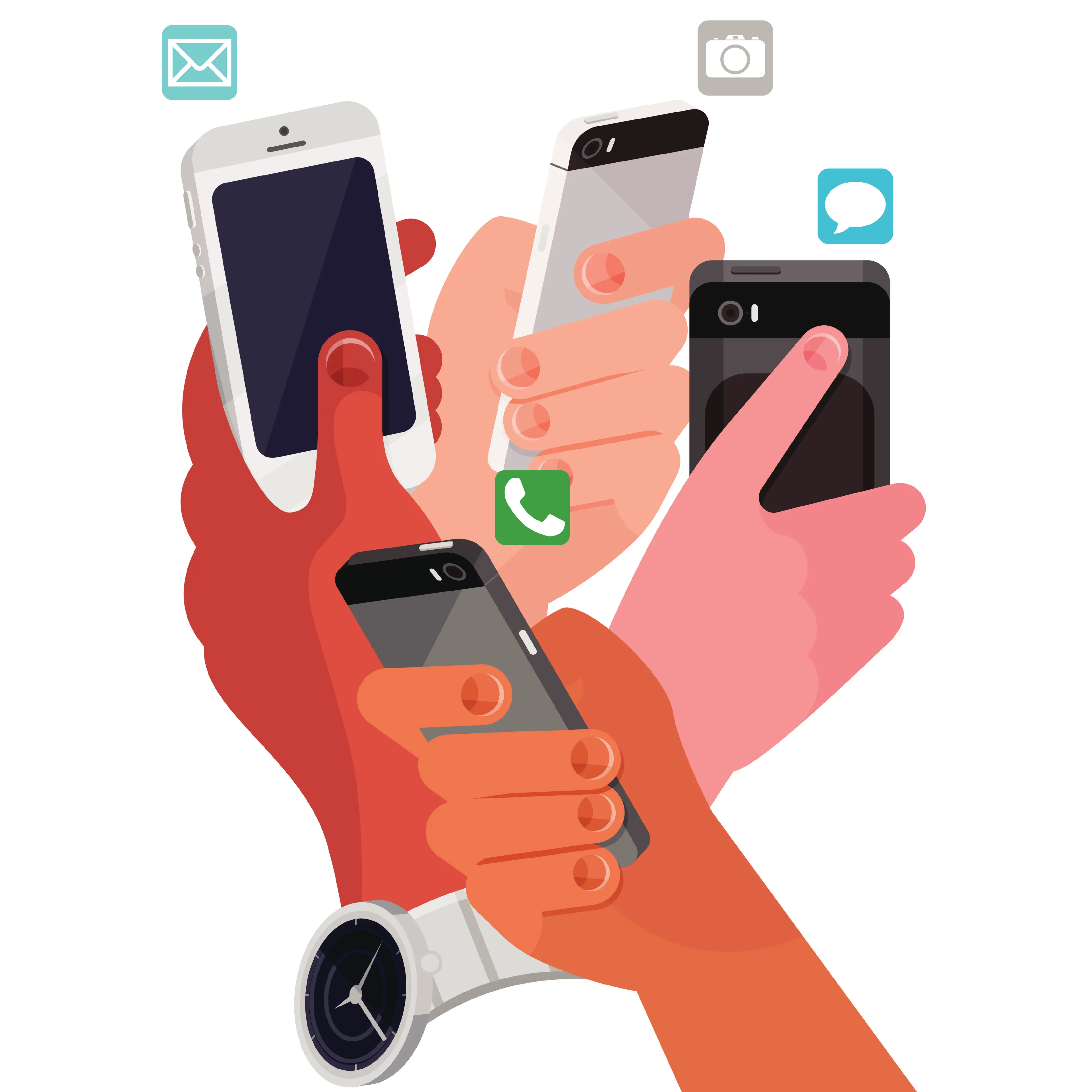 Four hands using smart phones