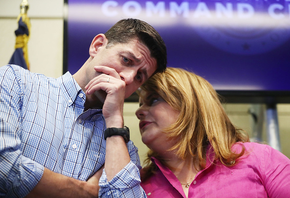 U.S. House Speaker Paul Ryan (R-WI), L, speaks with U.S. Rep. Jenniffer Gonzalez-Colon (R-PR) at a press conference on October 13, 2017 in San Juan, Puerto Rico.