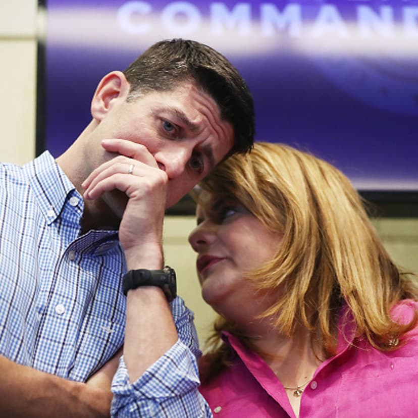 U.S. House Speaker Paul Ryan (R-WI), L, speaks with U.S. Rep. Jenniffer Gonzalez-Colon (R-PR) at a press conference on October 13, 2017 in San Juan, Puerto Rico.
