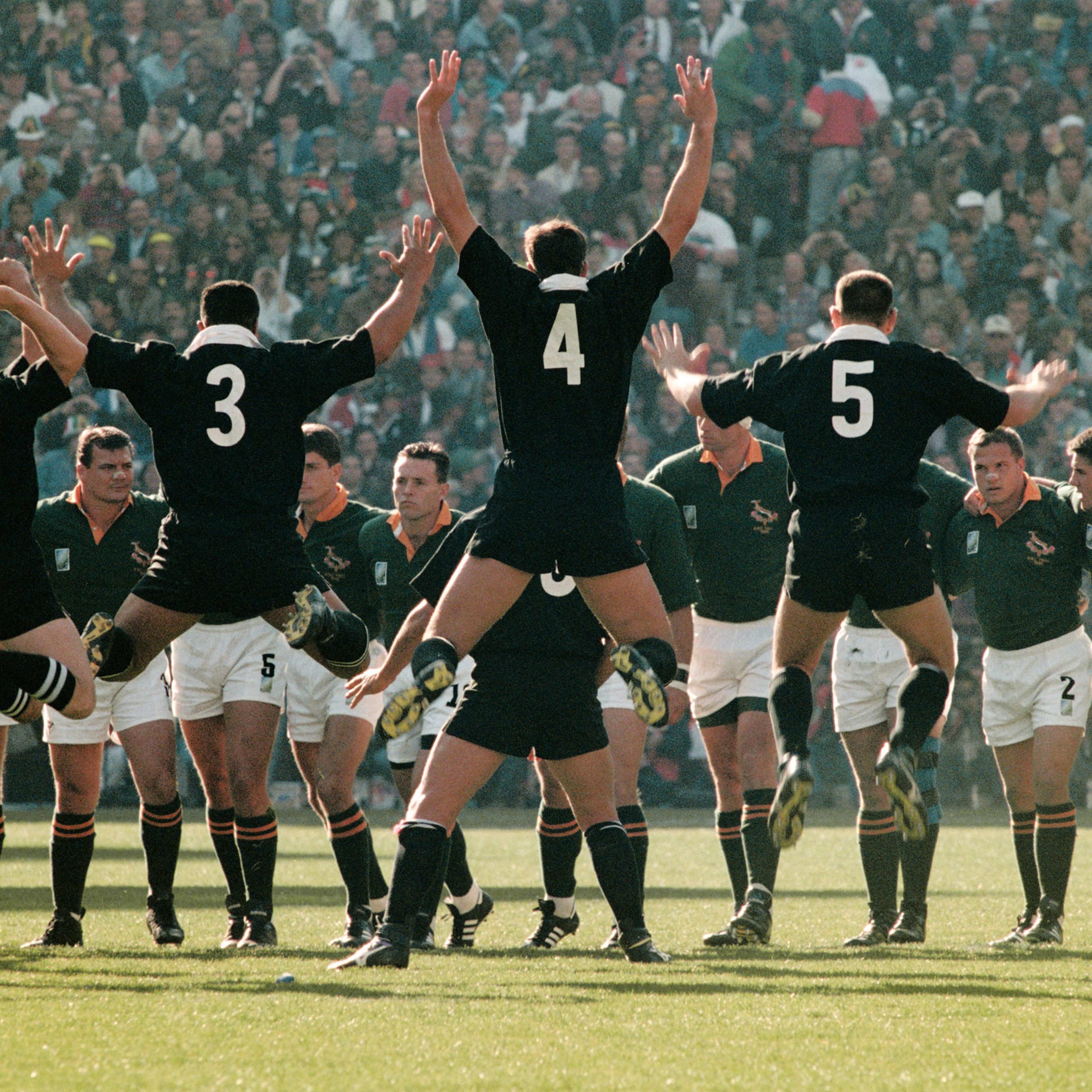 New Zealand's players perform their famous Haka in front of the South African team before the 1995 Rugby Union World Cup final