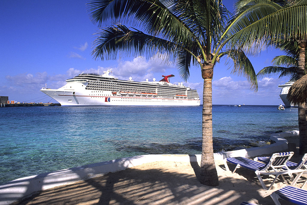 Mexico, Cozumel, Beach With Carnival Cruise Ship.