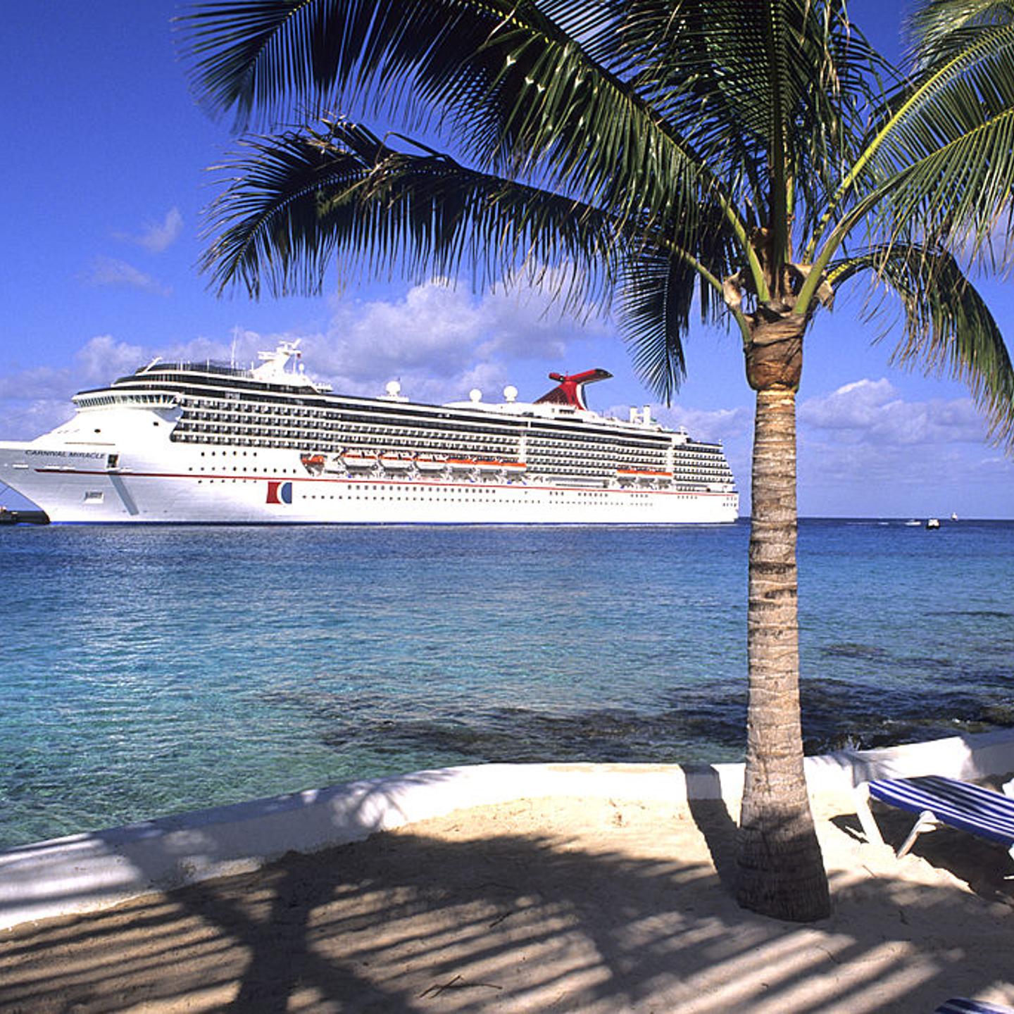 Mexico, Cozumel, Beach With Carnival Cruise Ship.