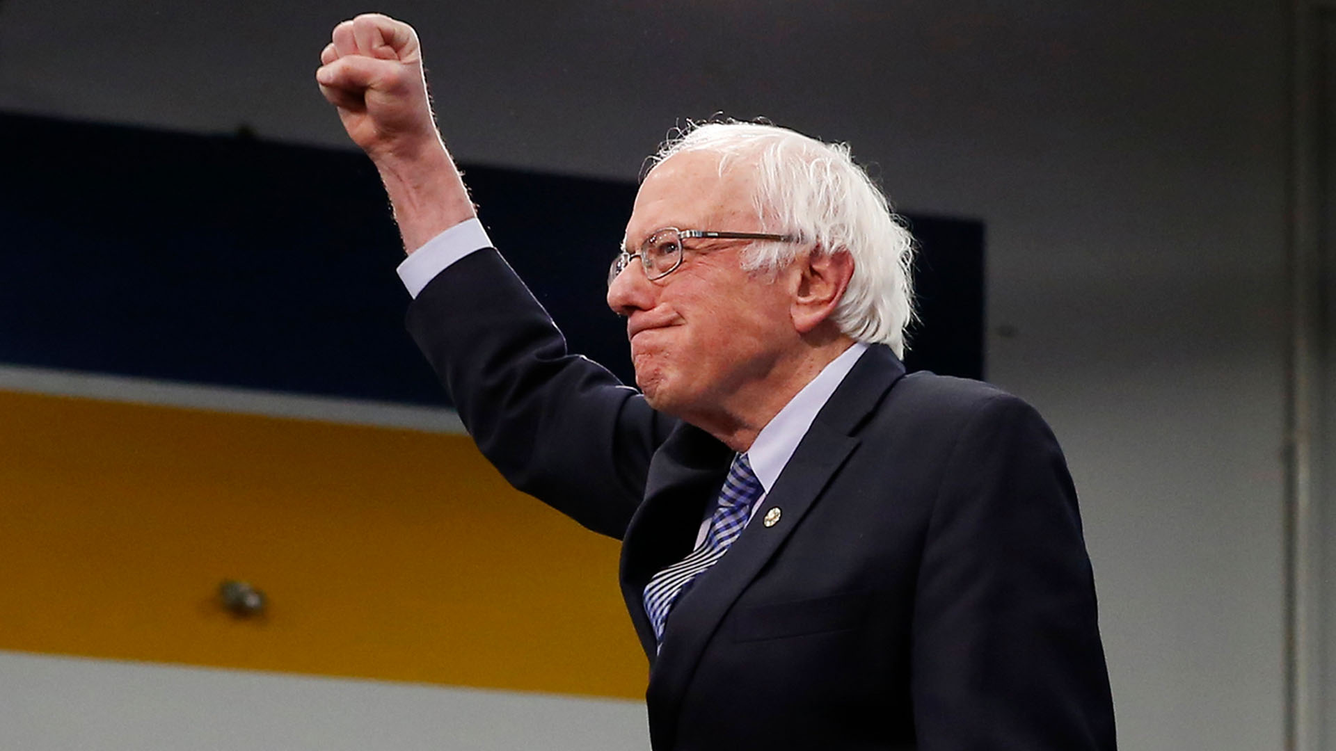 Senator Bernie Sanders pumps his fist as he takes the stage at his Primary Night Rally in Manchester, NH on Feb. 11, 2020. Bernie Sanders claimed victory in the first-of-the-nation primary in New Hampshire.