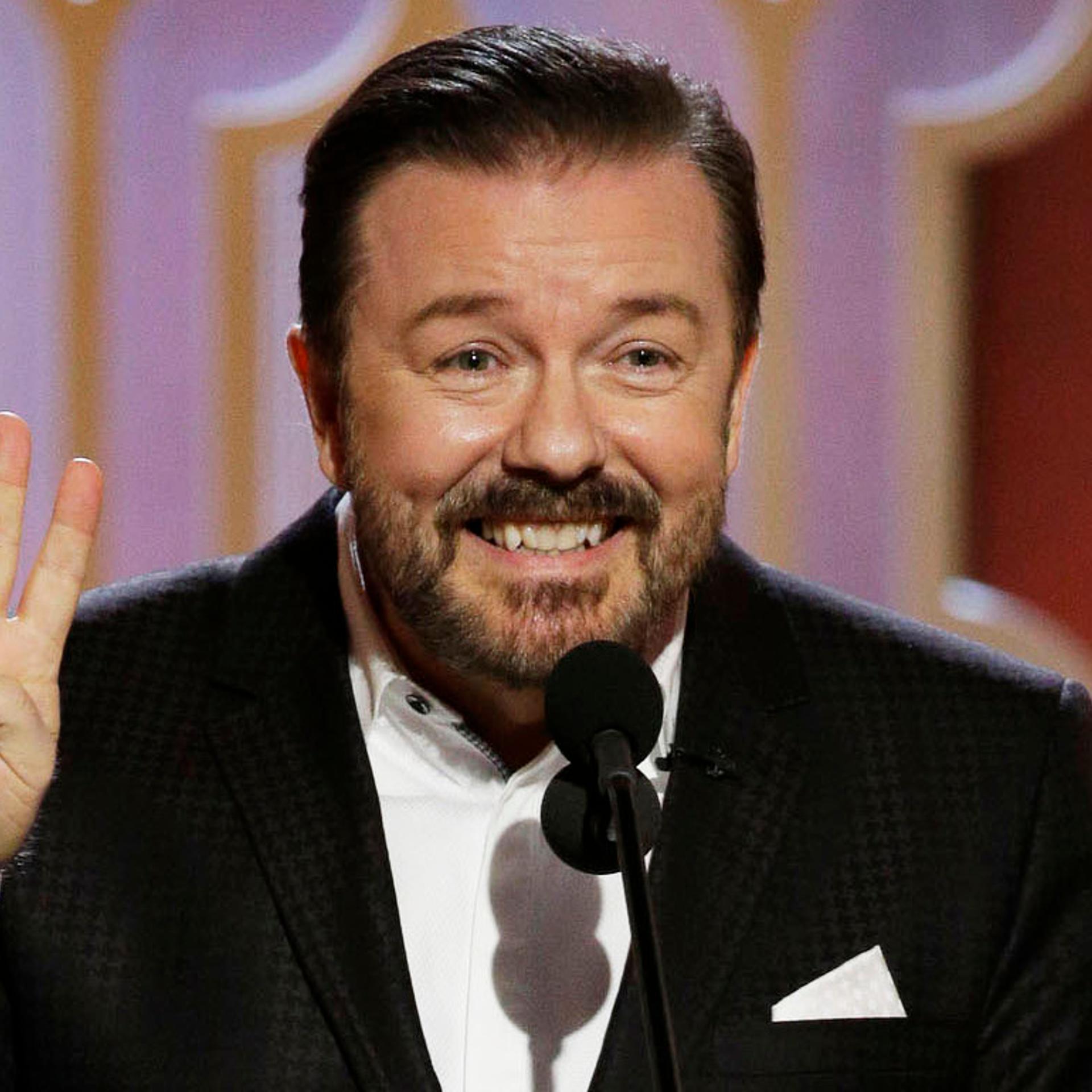 Ricky Gervais speaks onstage during the 73rd Annual Golden Globe Awards on Jan. 10, 2016 in Beverly Hills.