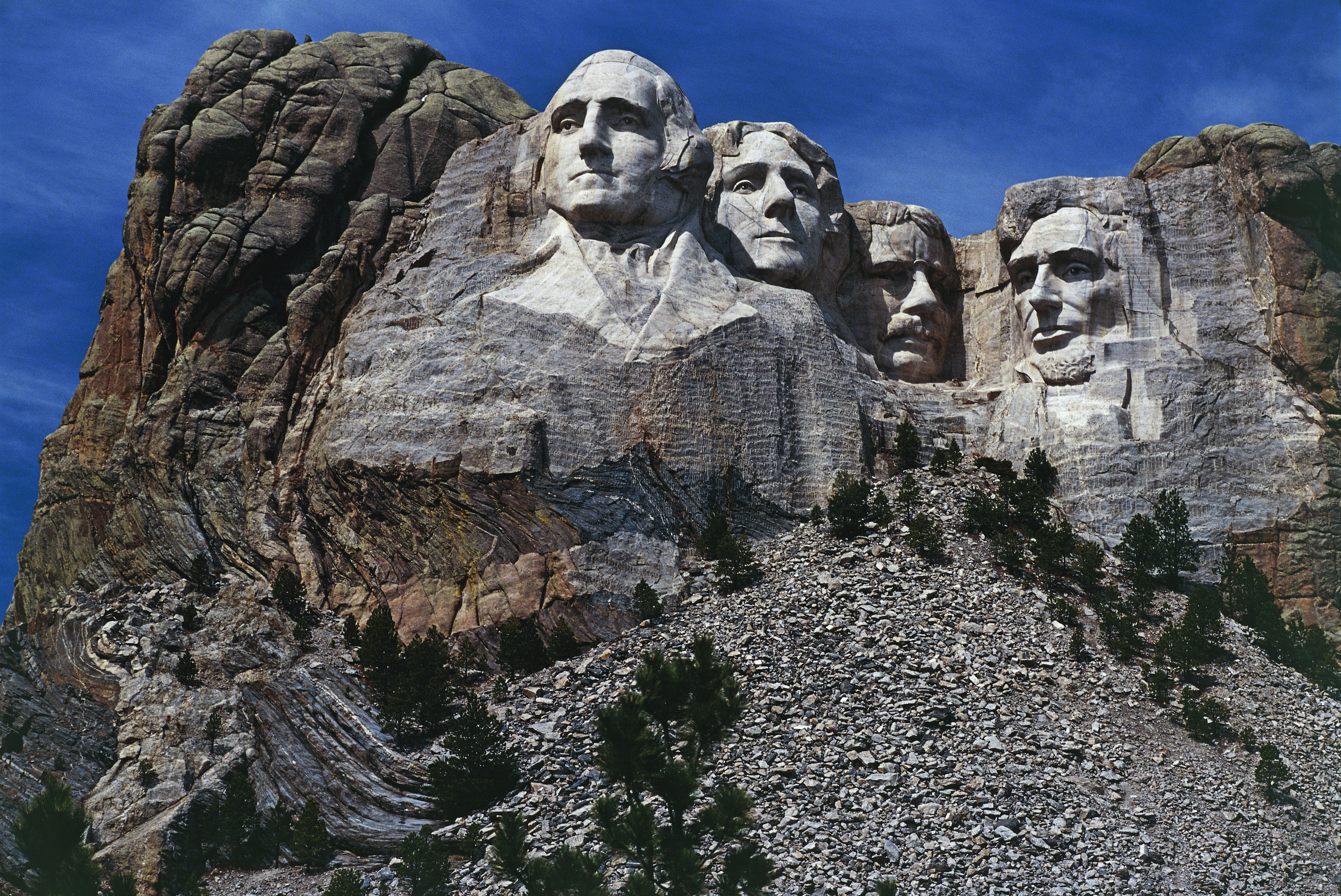 The carved sculptures depicting the faces of US Presidents George Washington (1732-1799) and Thomas Jefferson (1743-1826), National monument, Mount Rushmore, South Dakota, United States of America.