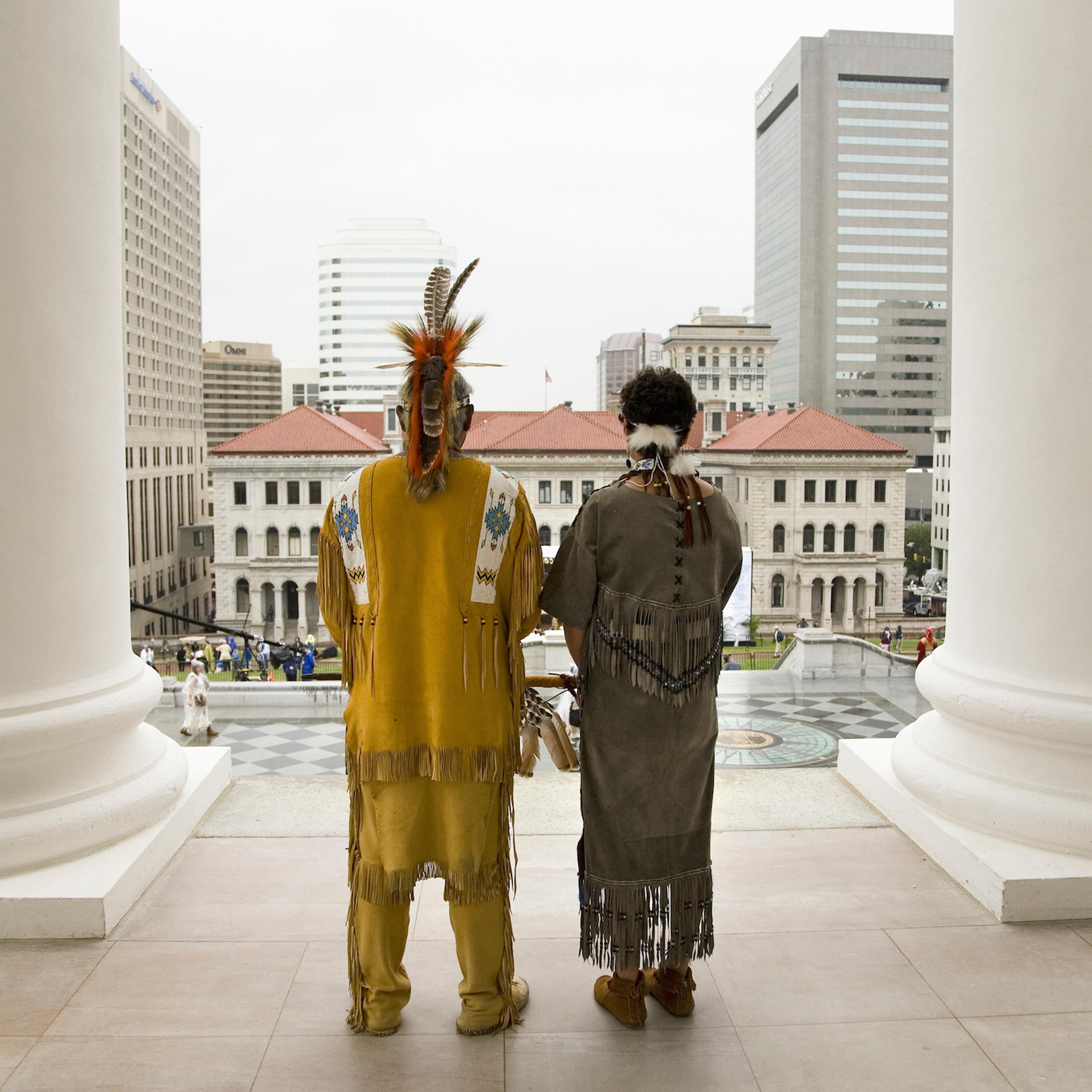 Two American Indian and Powhatan Tribal member, looking over Richmond Virginia from State Capitol during ceremonies for the 400th Anniversary of the Jamestown Settlement on May 3, 2007