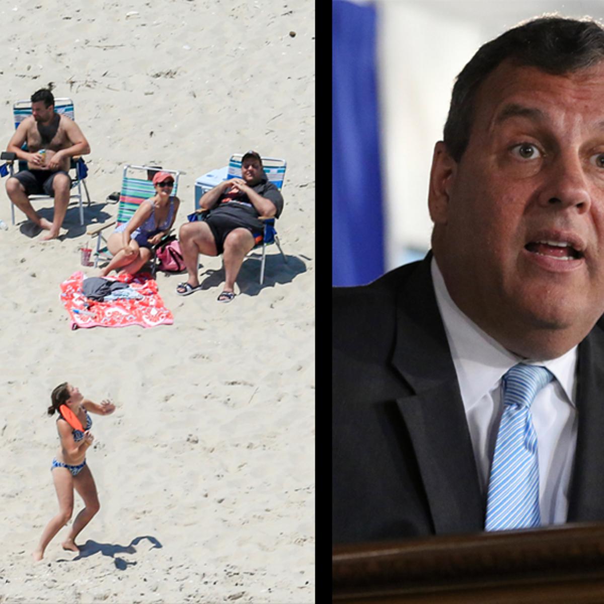 Beach: New Jersey Gov. Chris Christie, right, uses the beach with his family and friends at the governor's summer house at Island Beach State Park in New Jersey on July 2, 2017; Christie: Gov. Chris Christie speaks during a press conference, July 2, 2017