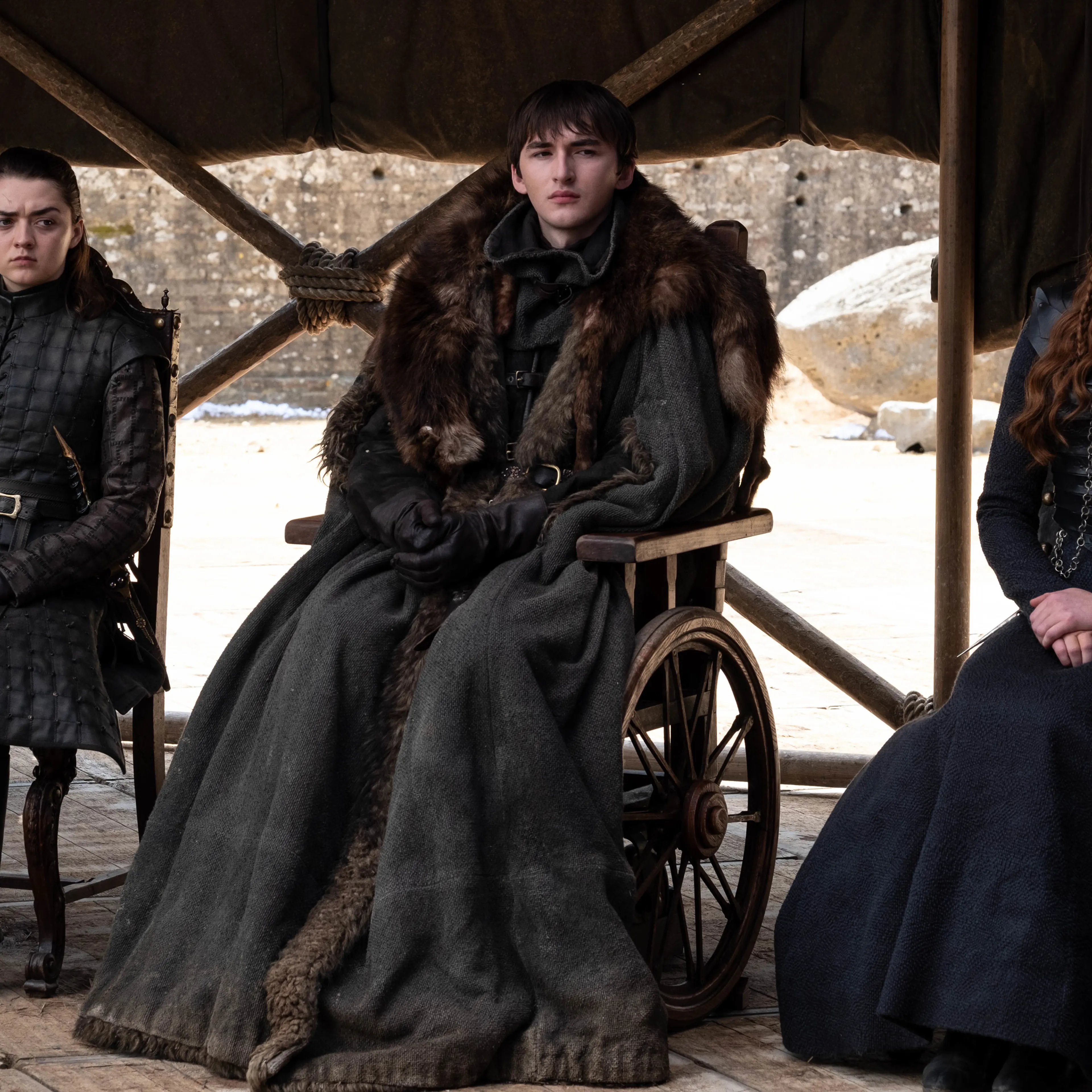 Maisie Williams as Arya Stark, Isaac Hempstead Wright as Bran Stark and Sophie Turner as Sansa Stark in the series finale of <i>Game of Thrones</i>.