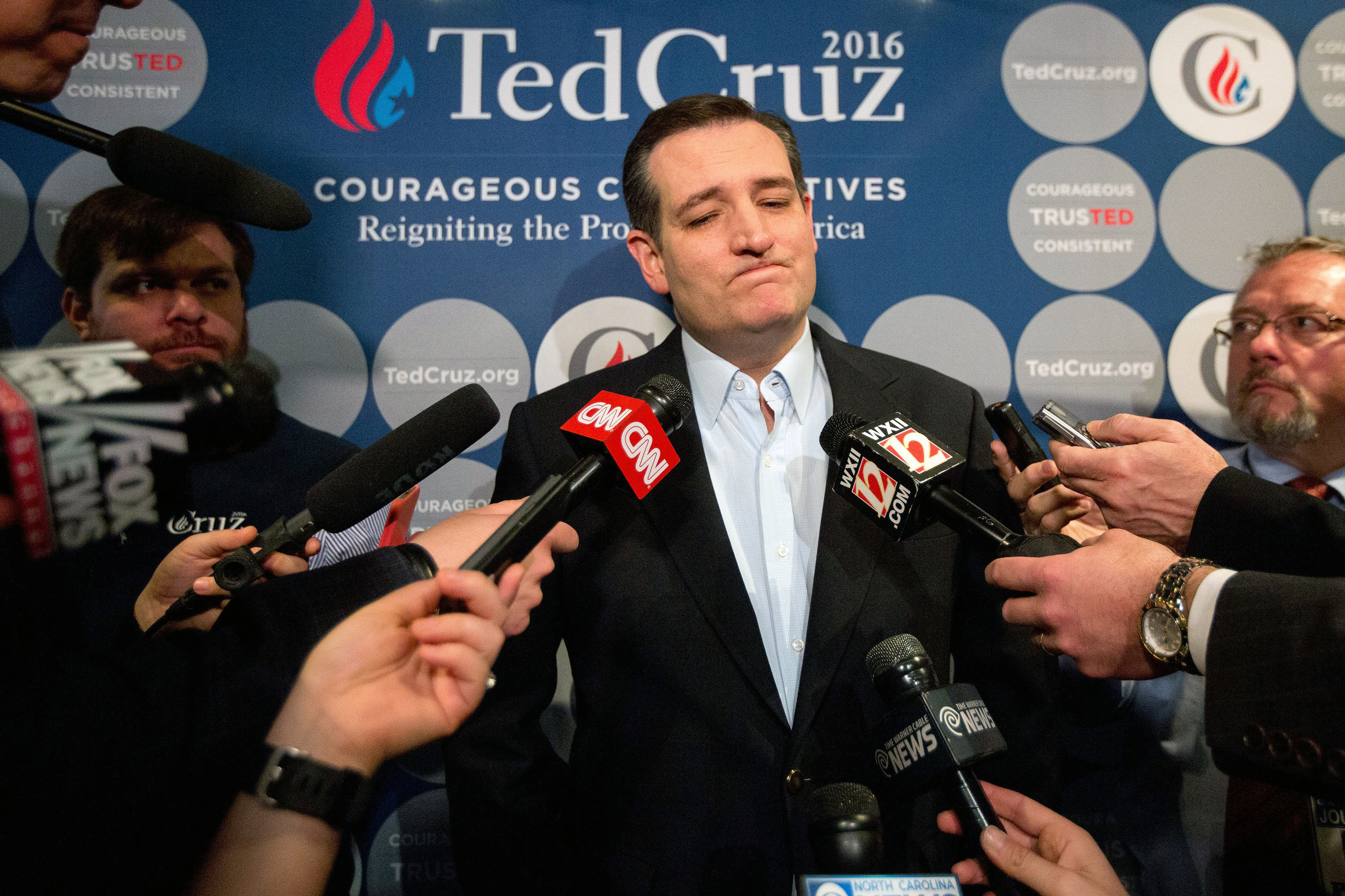 Republican presidential candidate, Texas Sen. Ted Cruz speaks to reporters during his rally at Calvary Baptist Church on March 8, 2016, in Raleigh, N.C.