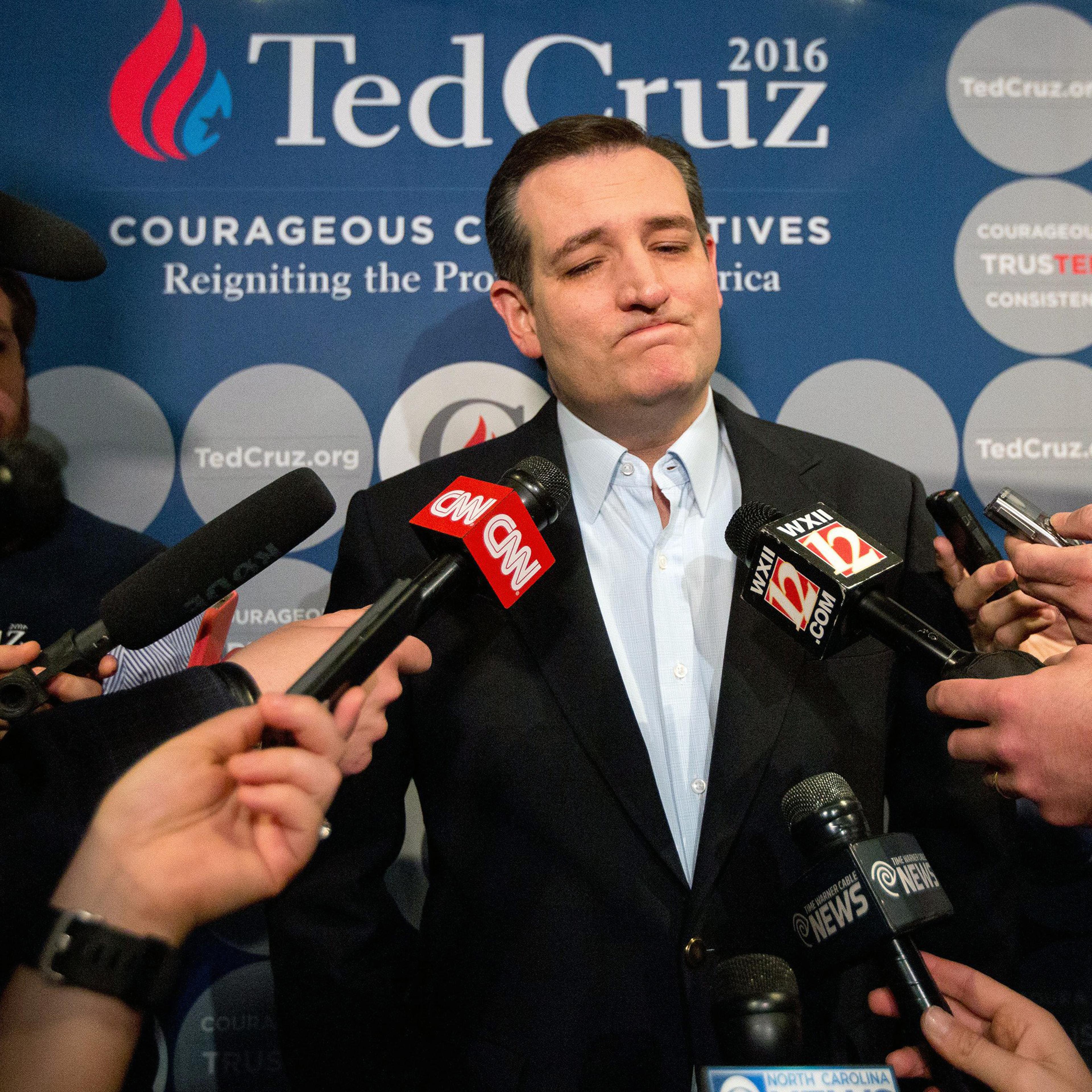 Republican presidential candidate, Texas Sen. Ted Cruz speaks to reporters during his rally at Calvary Baptist Church on March 8, 2016, in Raleigh, N.C.
